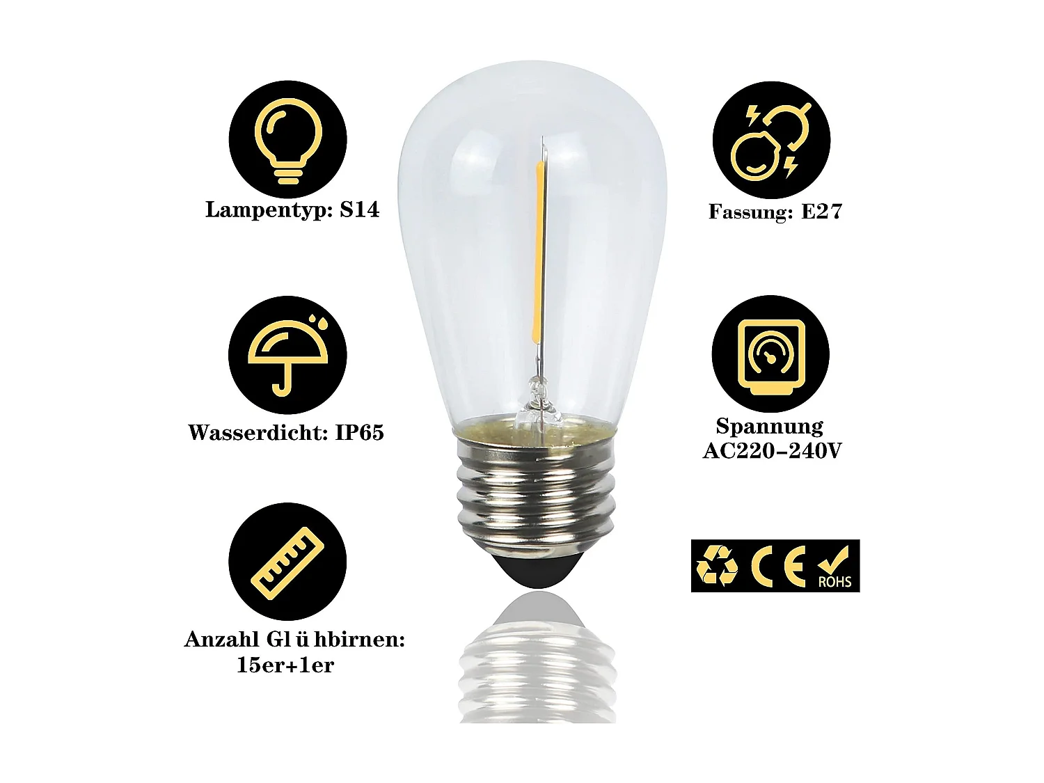 NETTLIFE Guirlande lumineuse LED Intérieur Extérieur Ampoules Guirlande lumineuse 7,6 m/15 m 16-flamme, Décoration de Noël