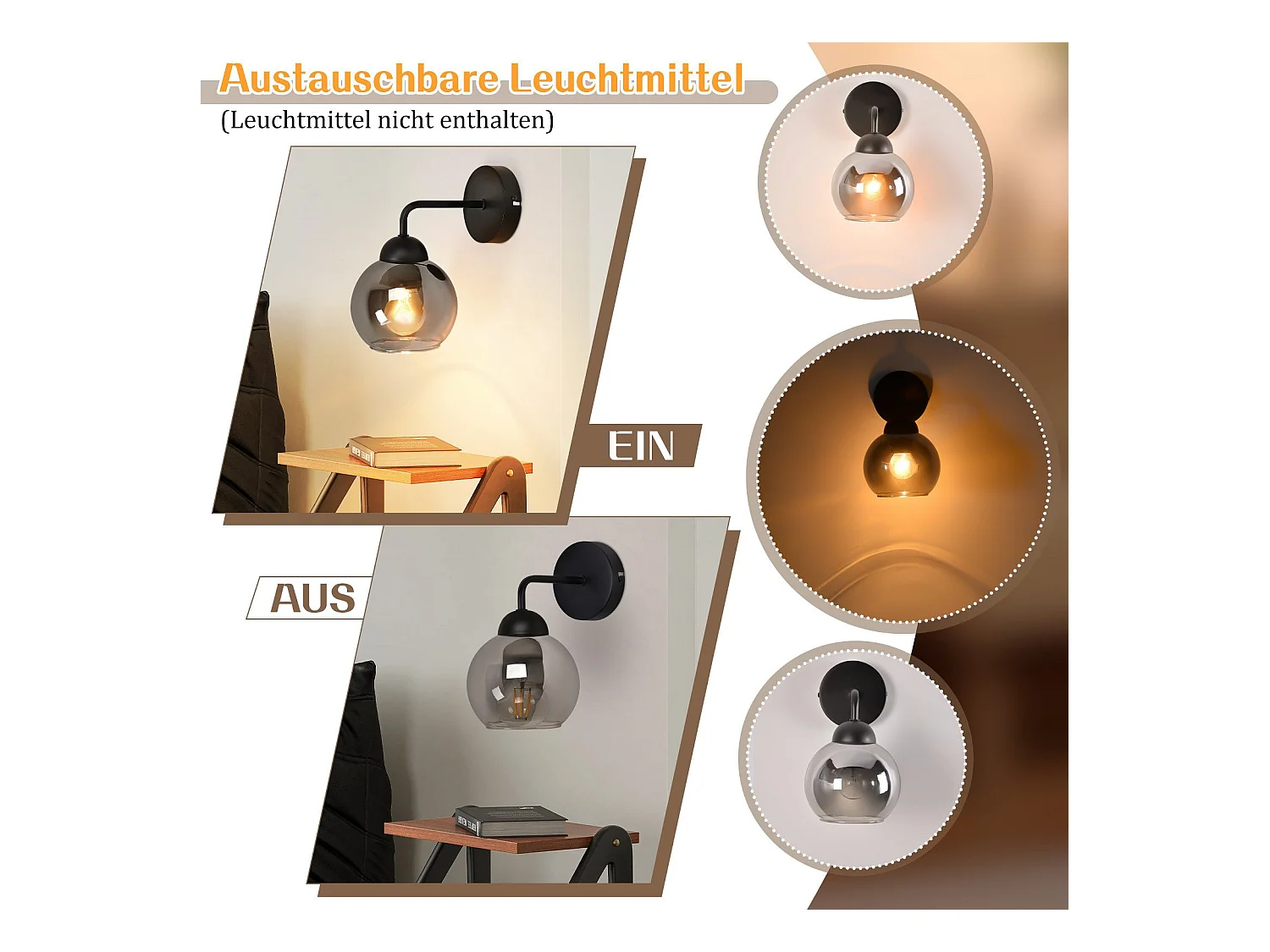 Applique murale d'intérieur vintage NETTLIFE E27 : éclairage mural rétro pour chambre à coucher en verre noir