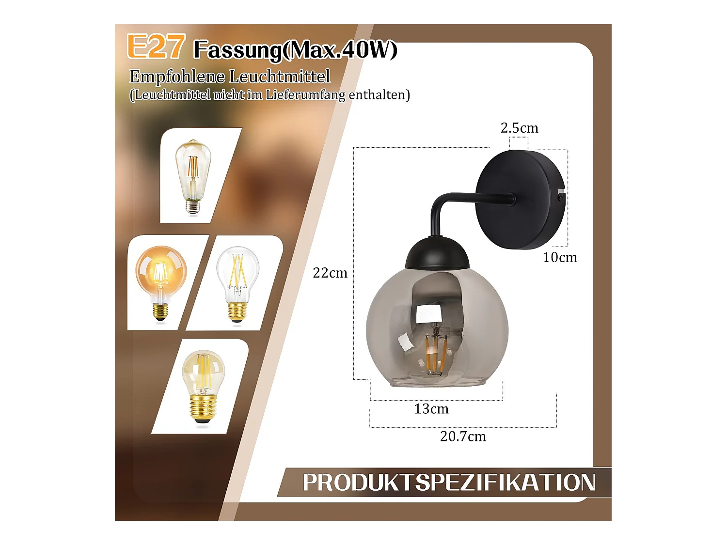 Applique murale d'intérieur vintage NETTLIFE E27 : éclairage mural rétro pour chambre à coucher en verre noir