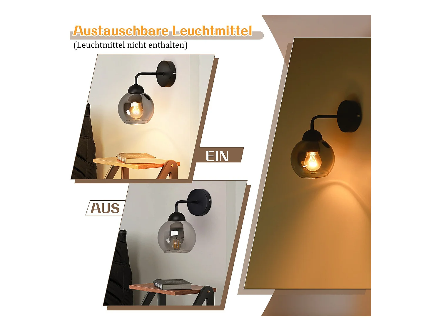 Applique murale d'intérieur vintage NETTLIFE E27 : éclairage mural rétro pour chambre à coucher en verre noir