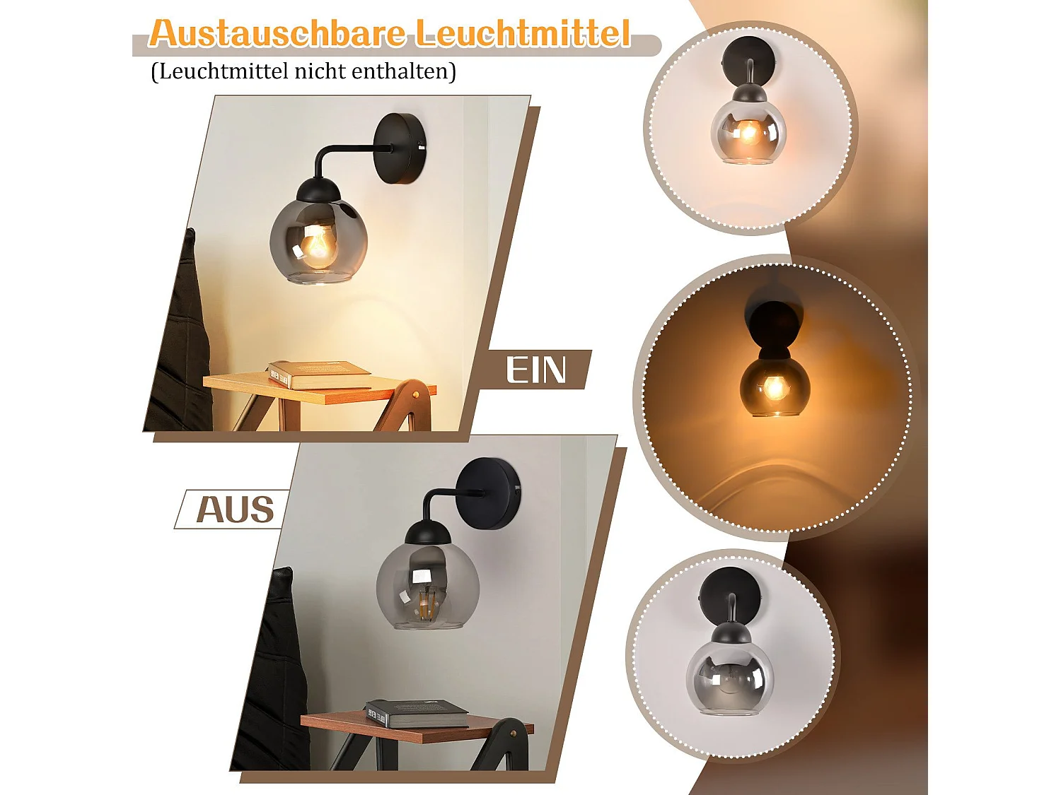 Applique murale d'intérieur vintage NETTLIFE E27 : éclairage mural rétro pour chambre à coucher en verre noir