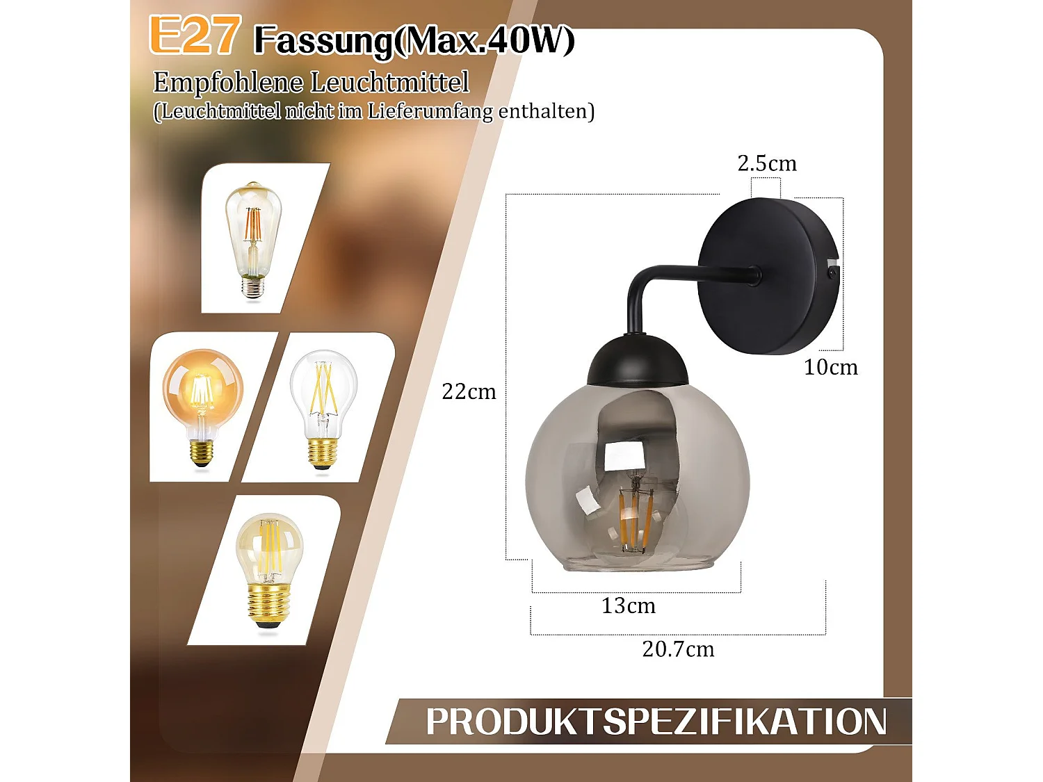 Applique murale d'intérieur vintage NETTLIFE E27 : éclairage mural rétro pour chambre à coucher en verre noir