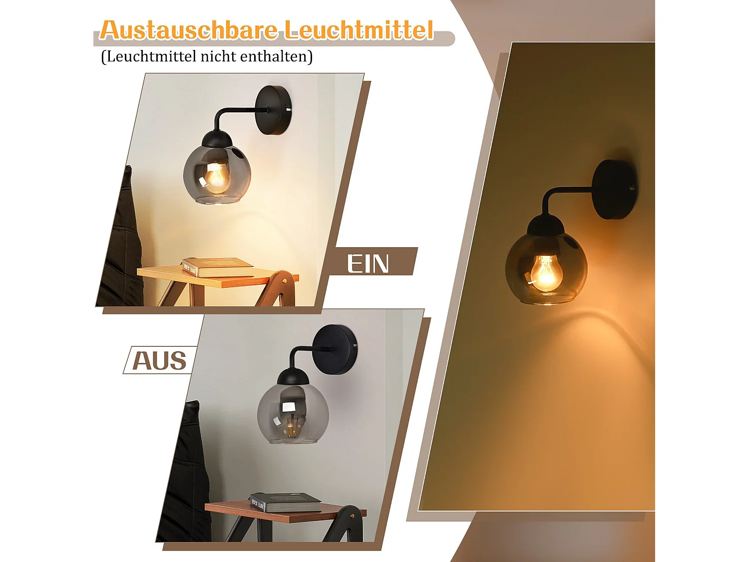 Applique murale d'intérieur vintage NETTLIFE E27 : éclairage mural rétro pour chambre à coucher en verre noir