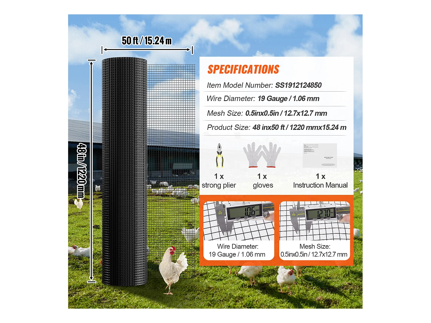 Grillage Rouleau Soudé Métallique SucceBuy, 121.92 x 1524cm, Grillage à Poule de Calibre 19