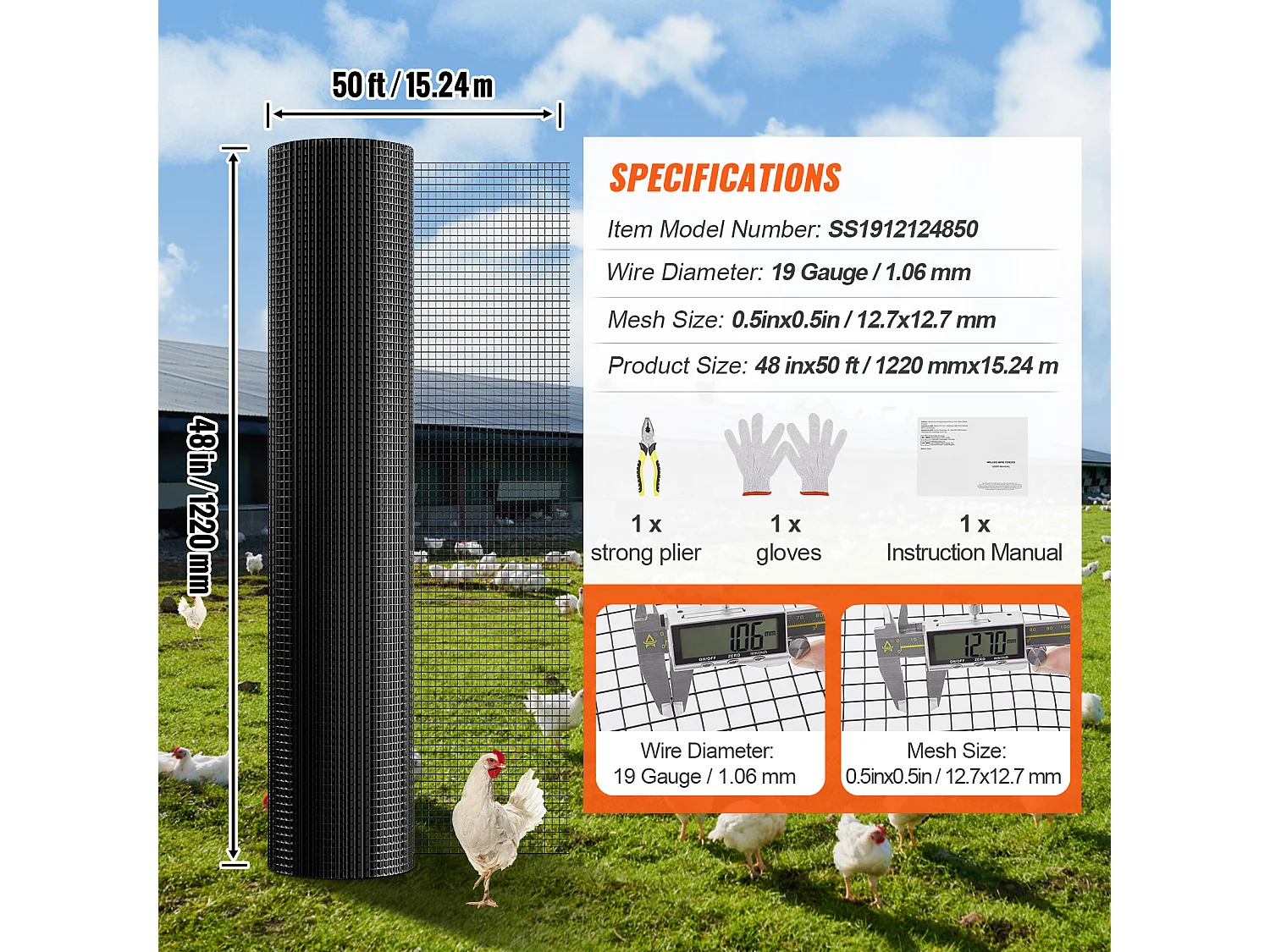 Grillage Rouleau Soudé Métallique SucceBuy, 121.92 x 1524cm, Grillage à Poule de Calibre 19