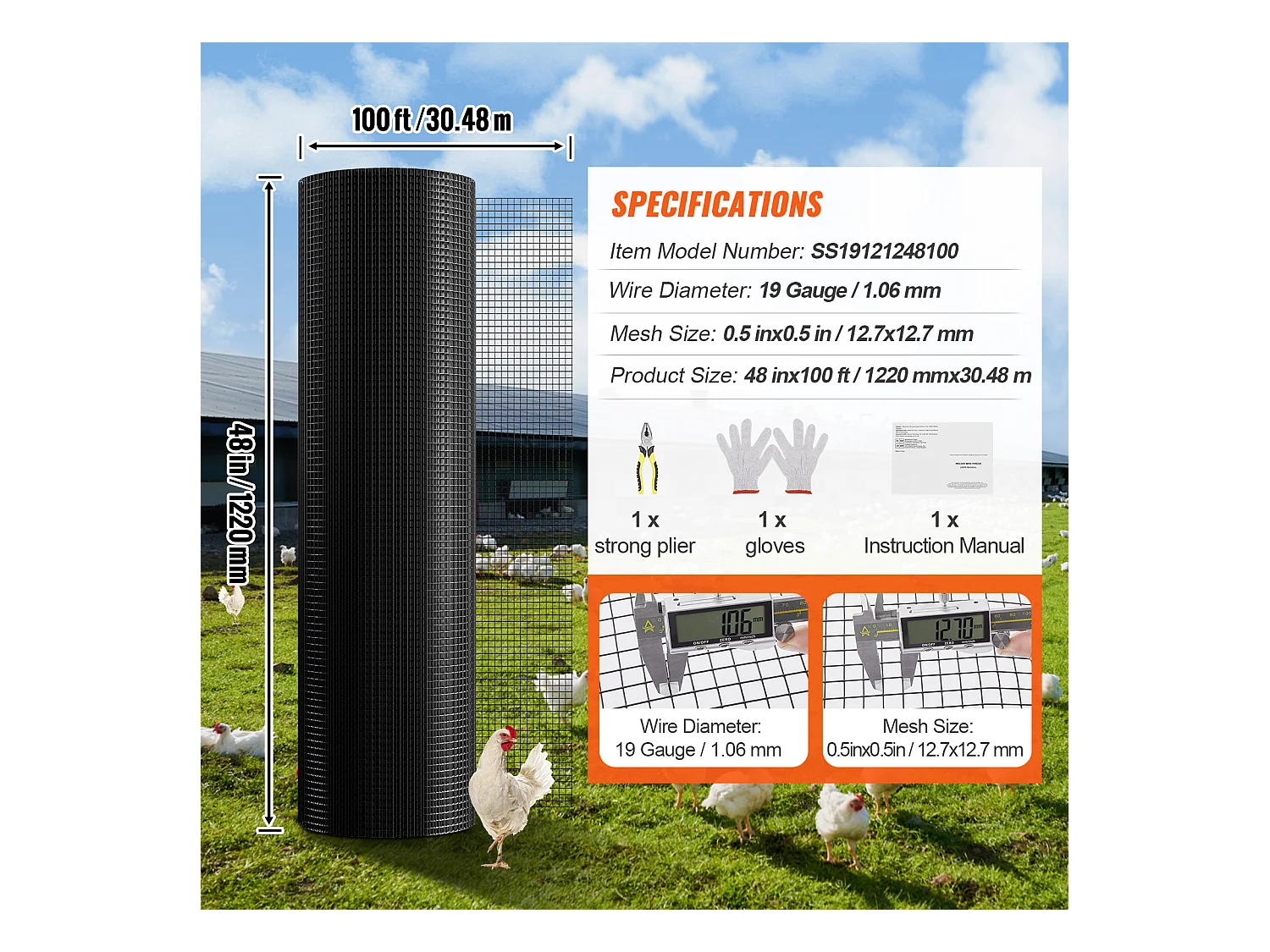 Grillage Rouleau Soudé Métallique de Calibre 19 pour Clôtures à Poulets SucceBuy 121.92 x 3048cm
