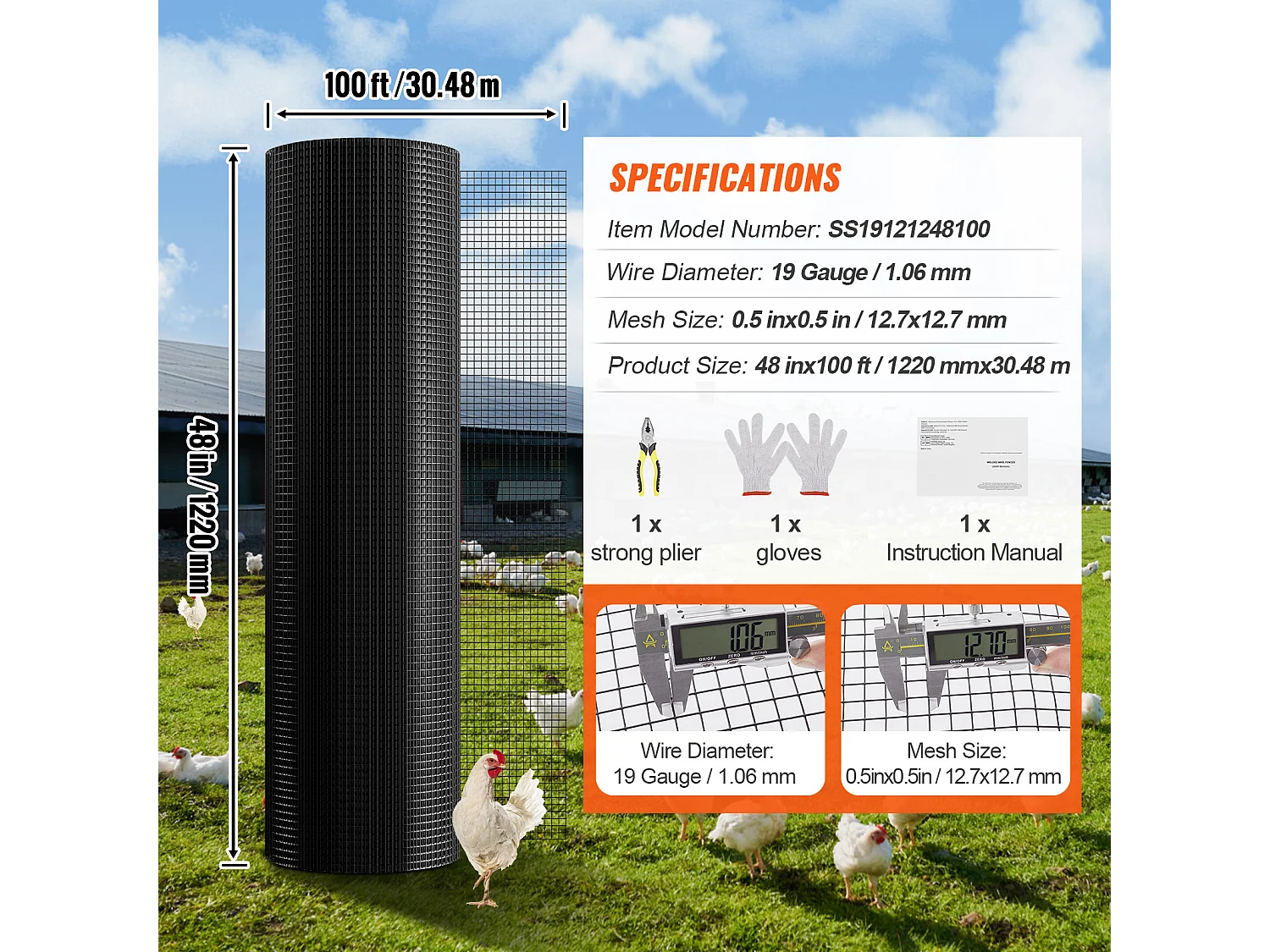 Grillage Rouleau Soudé Métallique de Calibre 19 pour Clôtures à Poulets SucceBuy 121.92 x 3048cm