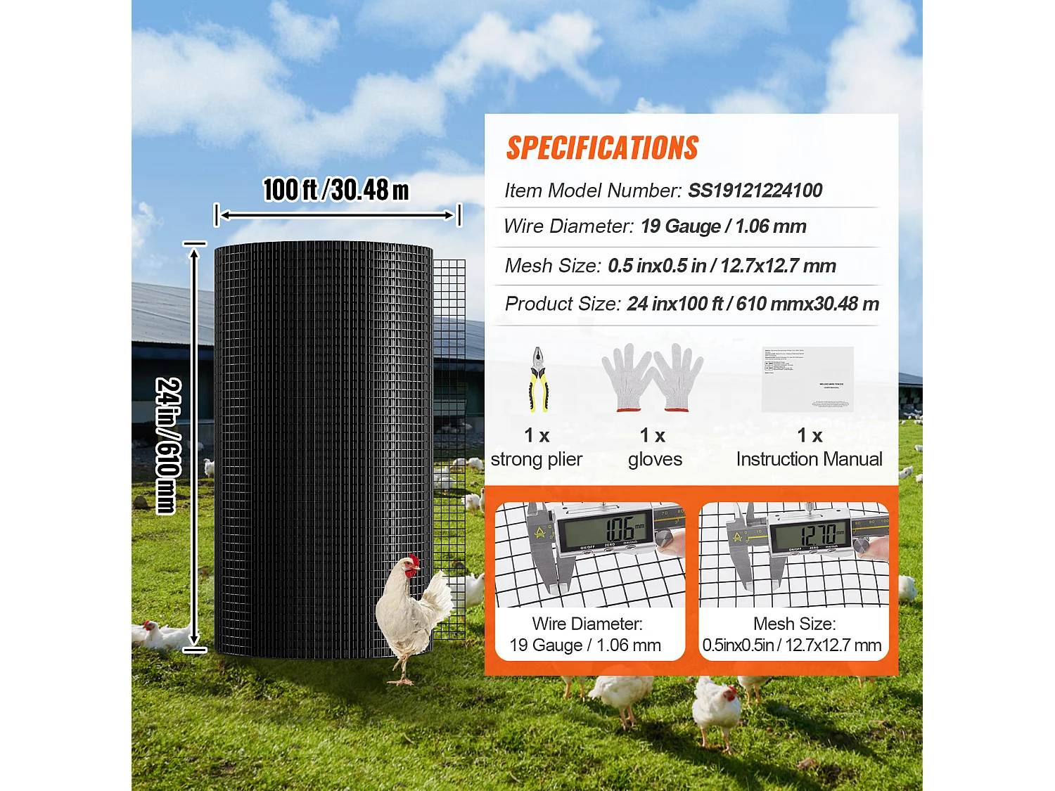 Rotolo Di Rete Saldamente Zincata SucceBuy 61 cm x 30,5 m, Rete Metallica Con Calibro 19