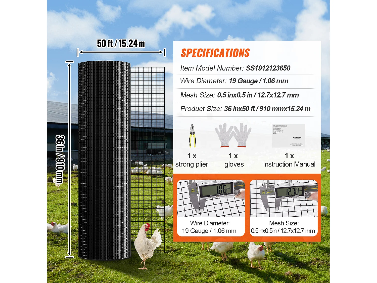 Rouleau de Treillis Métallique Galvanisé SucceBuy Hardware Cloth, Grillage à Poules de Calibre 19, Treillis Métallique Enduit de Vinyle