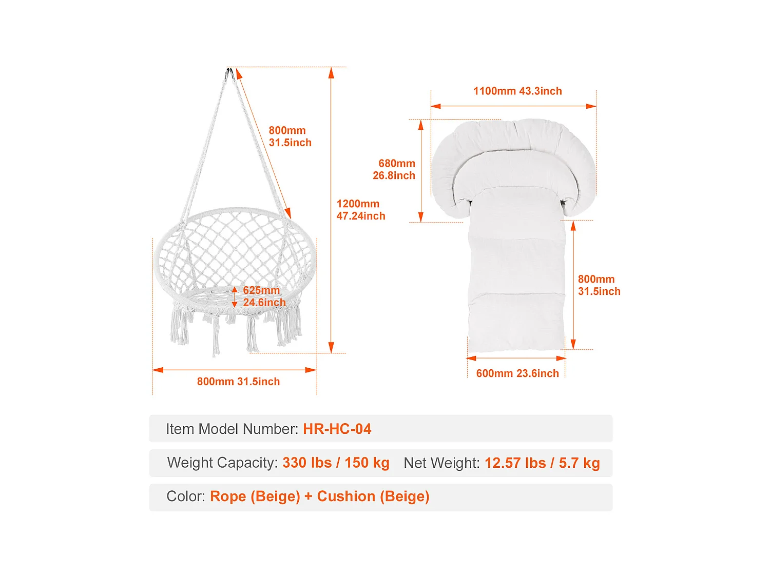 Fauteuil Suspendu Chaise Hamac Suspendue SucceBuy 149.69kg Beige