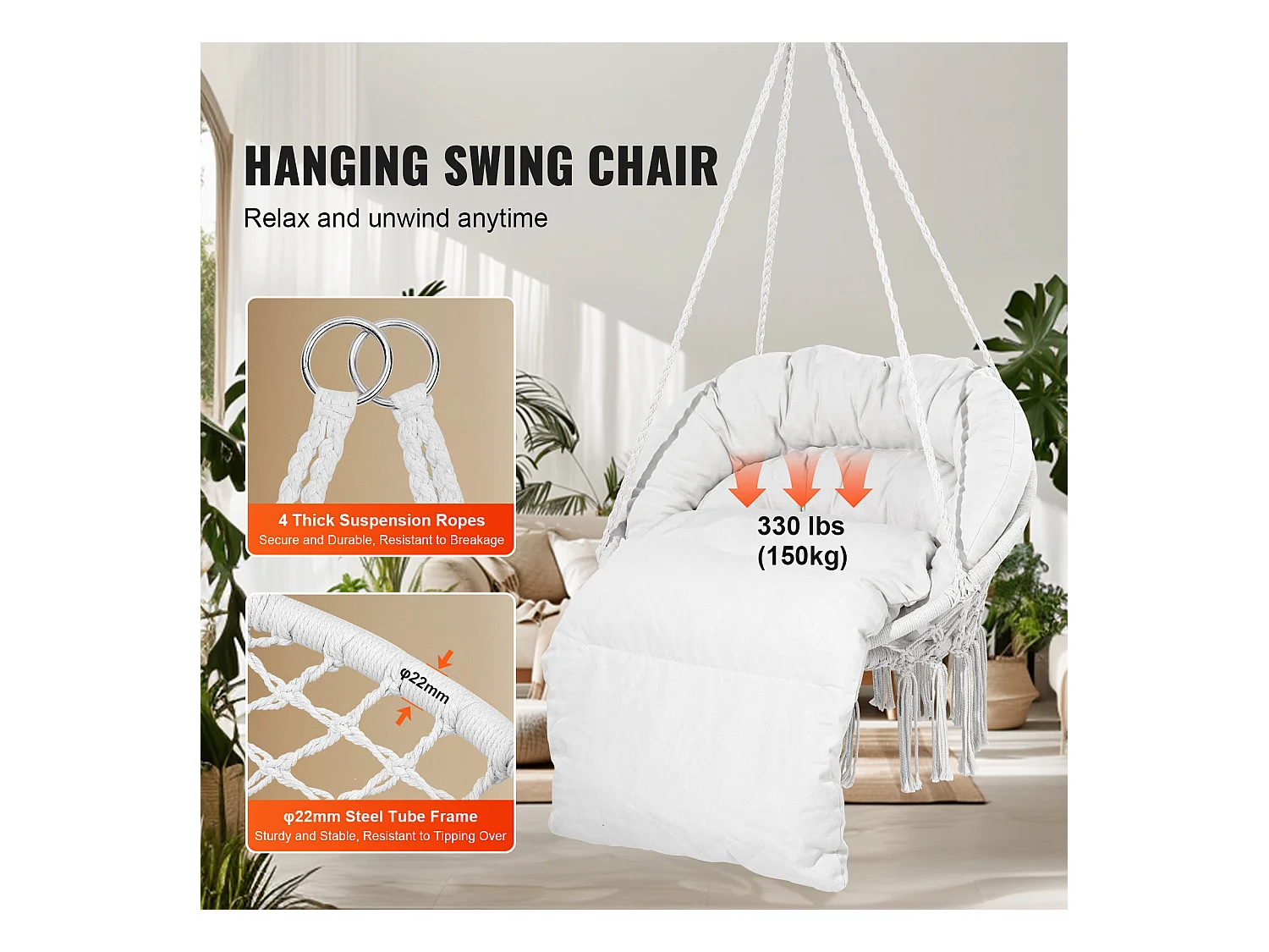 Fauteuil Suspendu Chaise Hamac Suspendue SucceBuy 149.69kg Beige