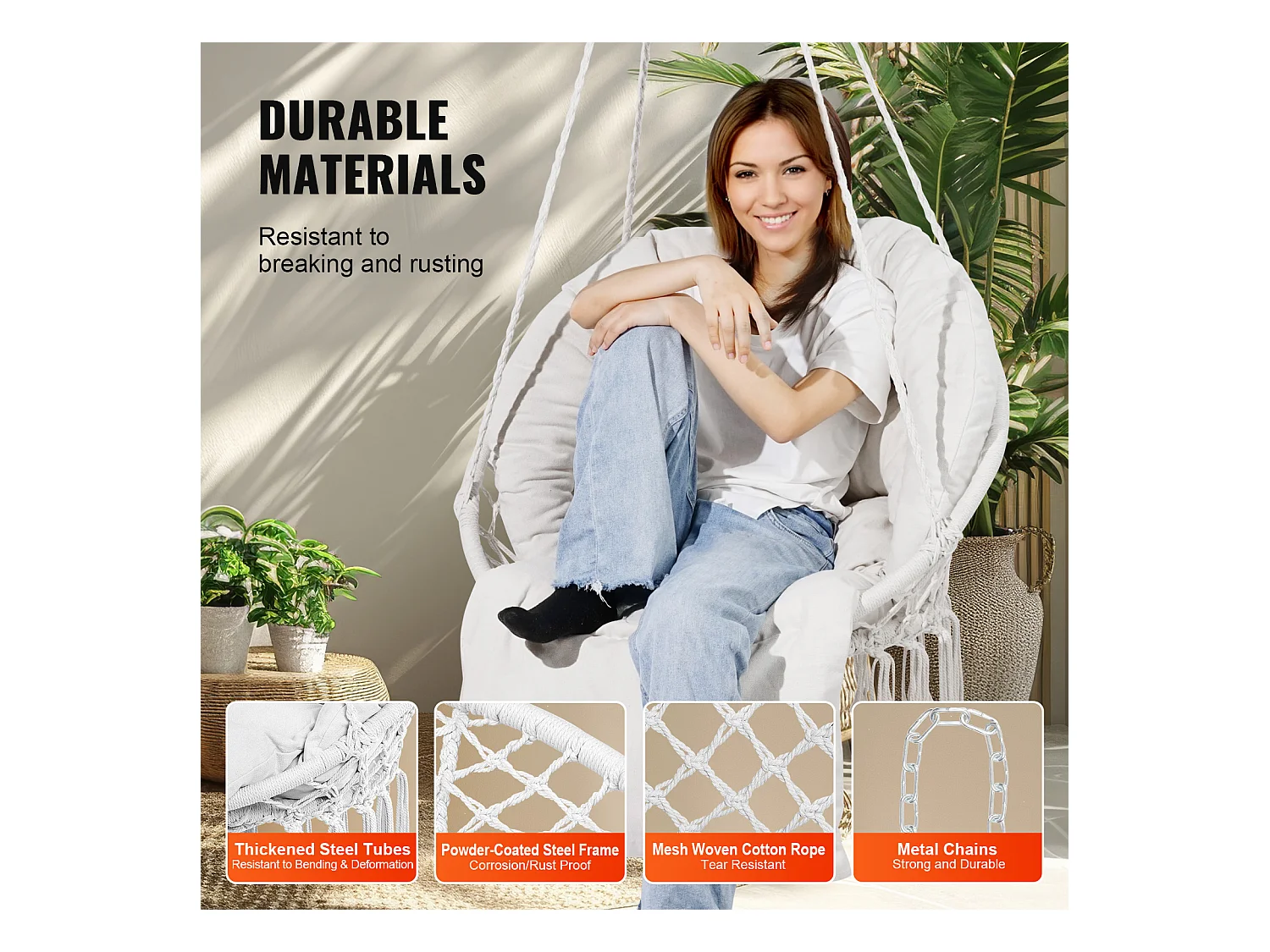 Fauteuil Suspendu Chaise Hamac Suspendue SucceBuy 149.69kg Beige