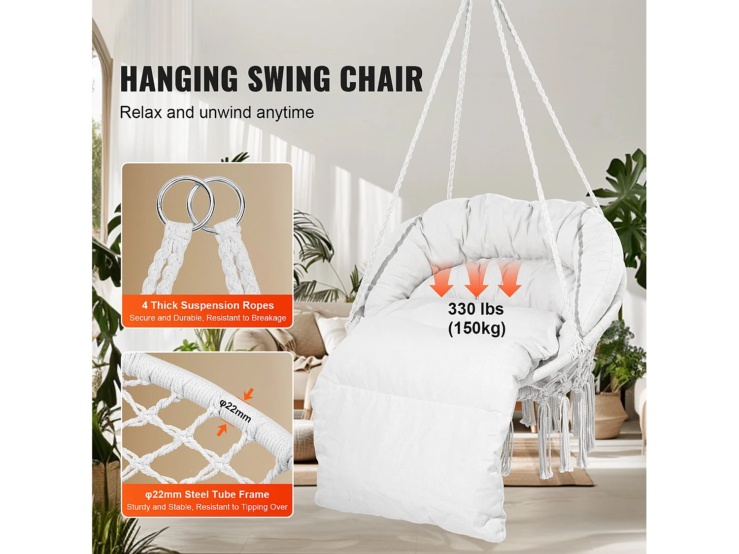 Fauteuil Suspendu Chaise Hamac Suspendue SucceBuy 149.69kg Beige