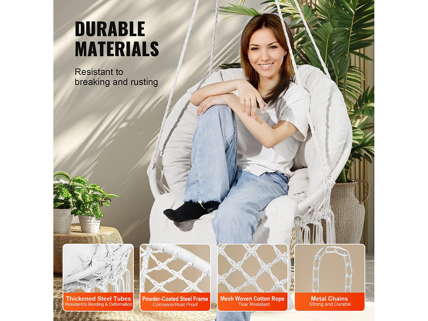 Fauteuil Suspendu Chaise Hamac Suspendue SucceBuy 149.69kg Beige