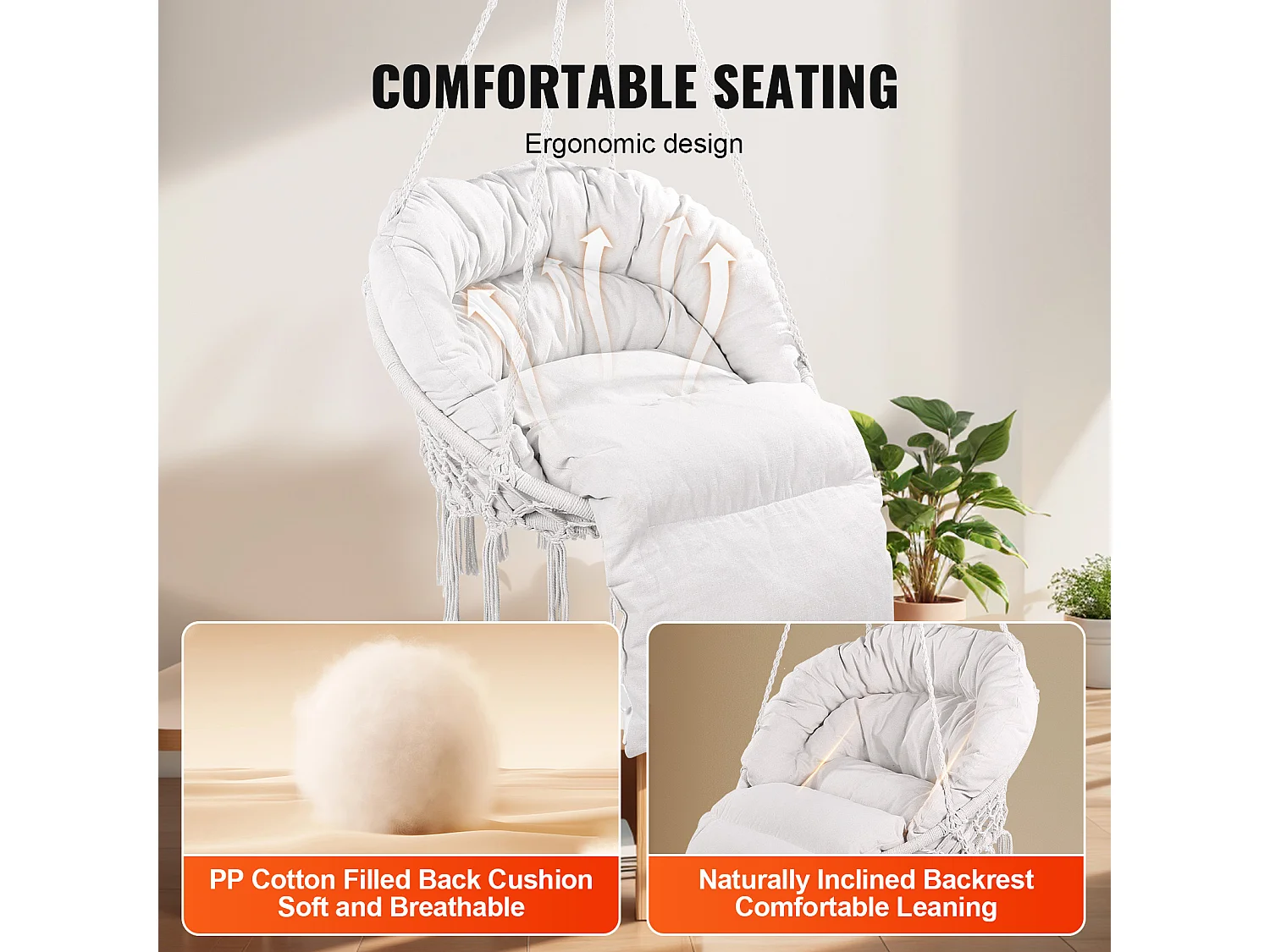 Fauteuil Suspendu Chaise Hamac Suspendue SucceBuy 149.69kg Beige