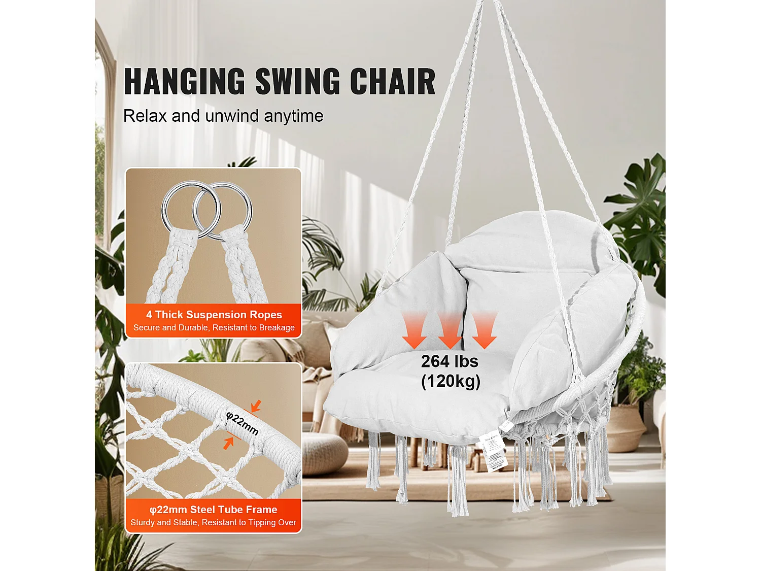 Fauteuil Suspendu Chaise Hamac Suspendue SucceBuy 119.75kg