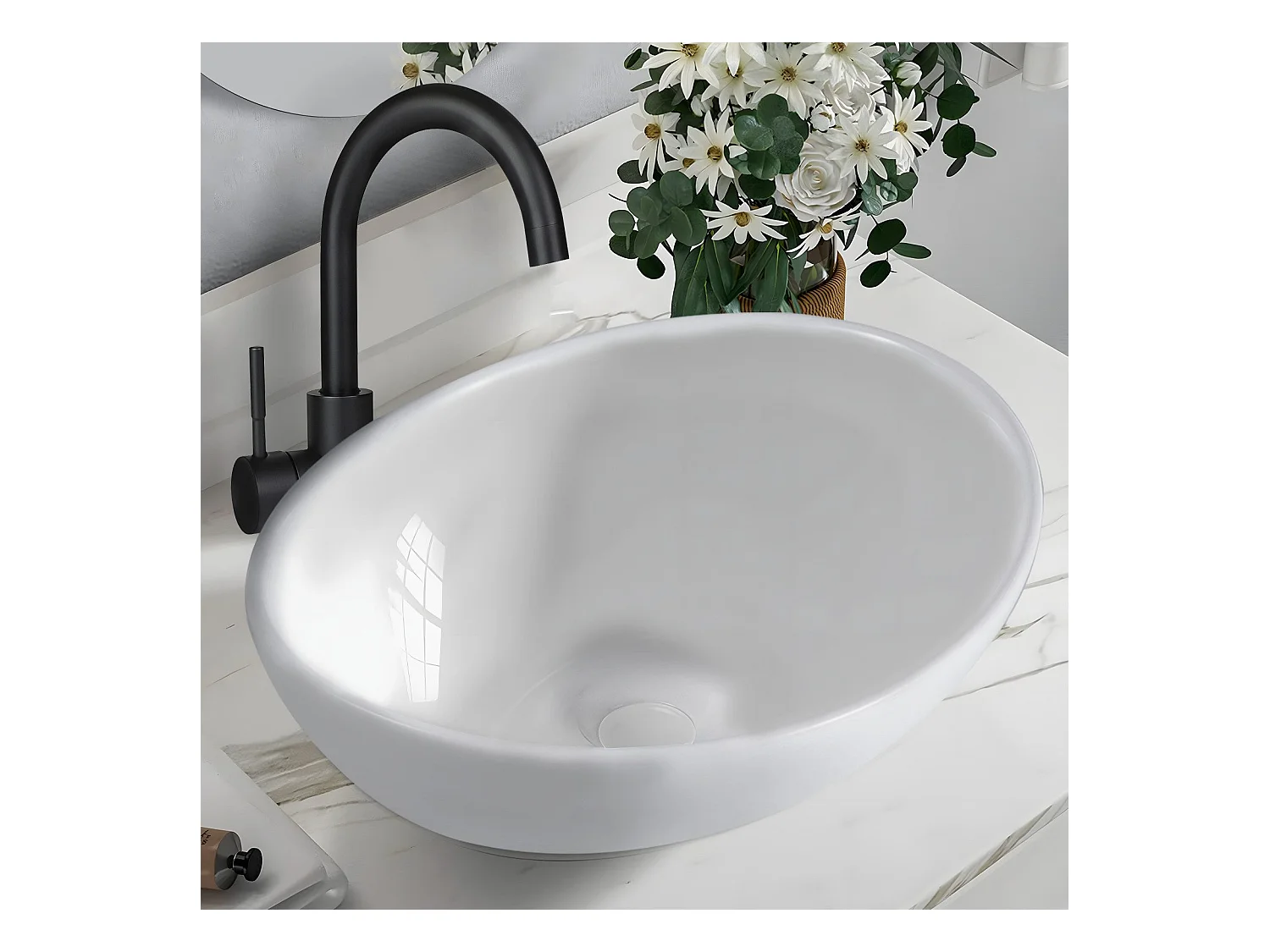 NETTLIFE vasque à poser, Lavabo de salle de bain ovale effet lotus, blanc 41 x 33cm
