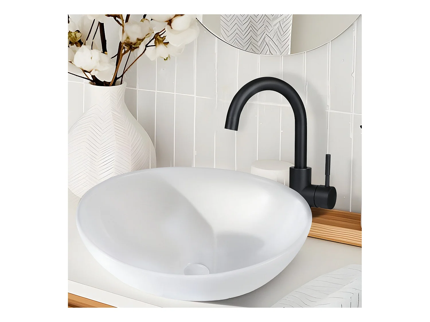 NETTLIFE vasque à poser, Lavabo de salle de bain ovale effet lotus, blanc 41 x 33cm