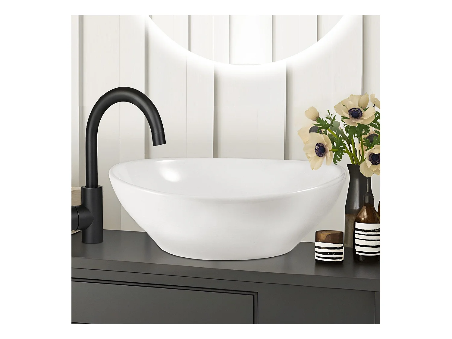 NETTLIFE vasque à poser, Lavabo de salle de bain ovale effet lotus, blanc 41 x 33cm
