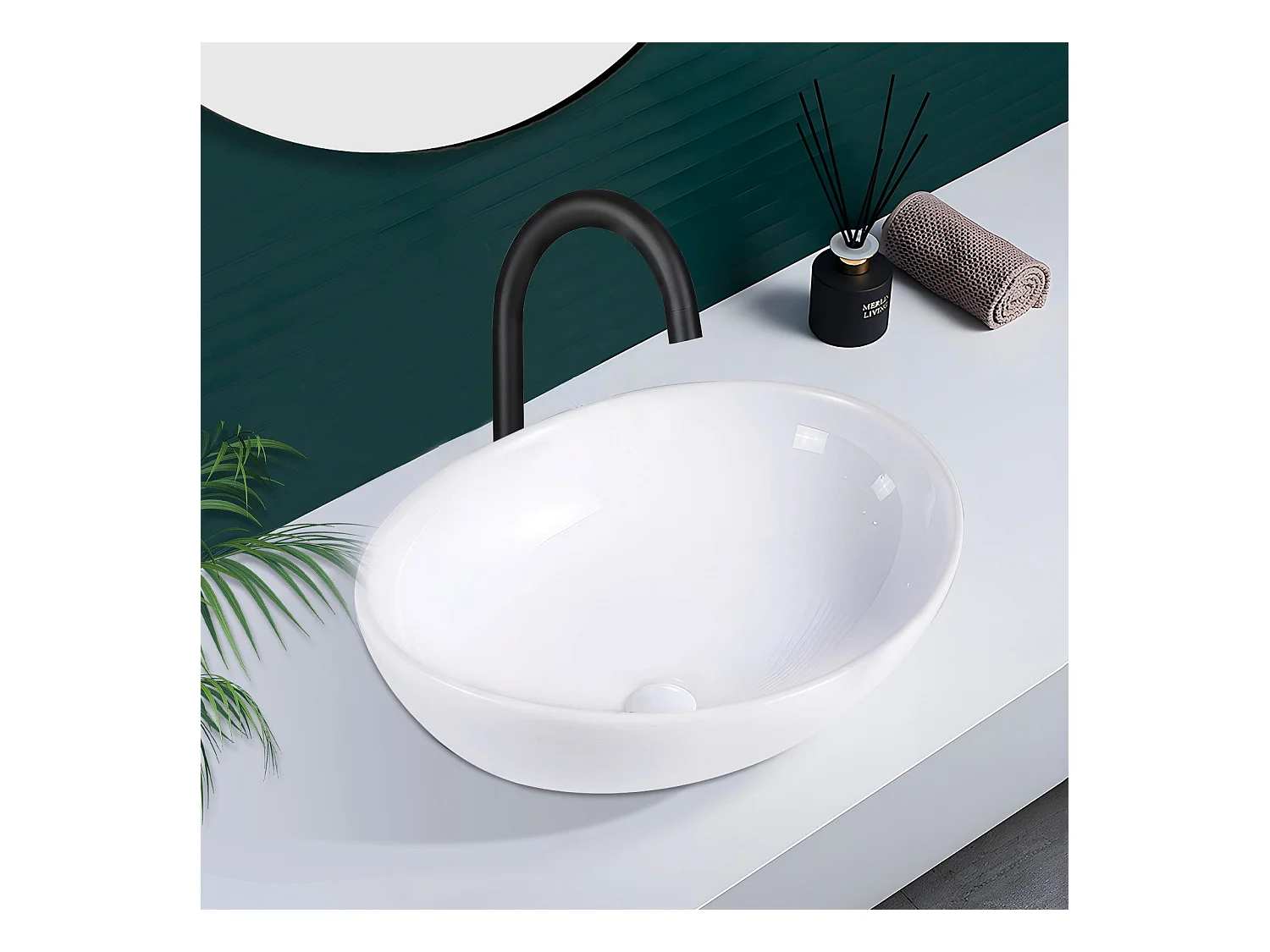 NETTLIFE vasque à poser, Lavabo de salle de bain ovale effet lotus, blanc 41 x 33cm