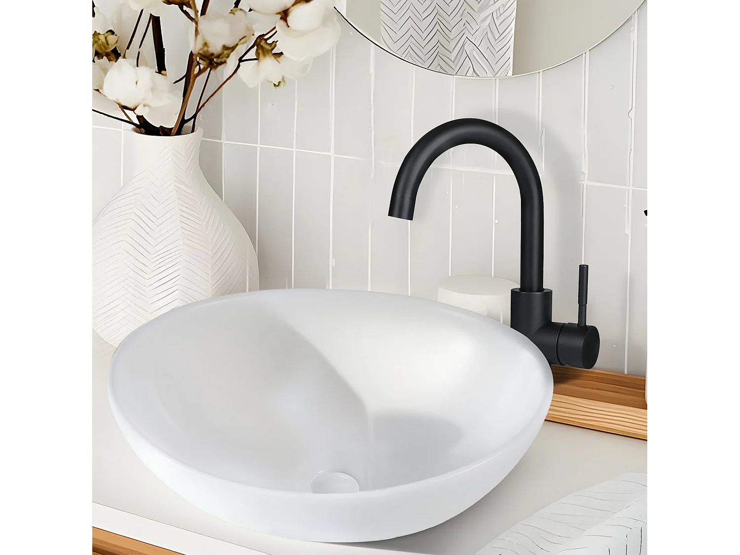 NETTLIFE vasque à poser, Lavabo de salle de bain ovale effet lotus, blanc 41 x 33cm