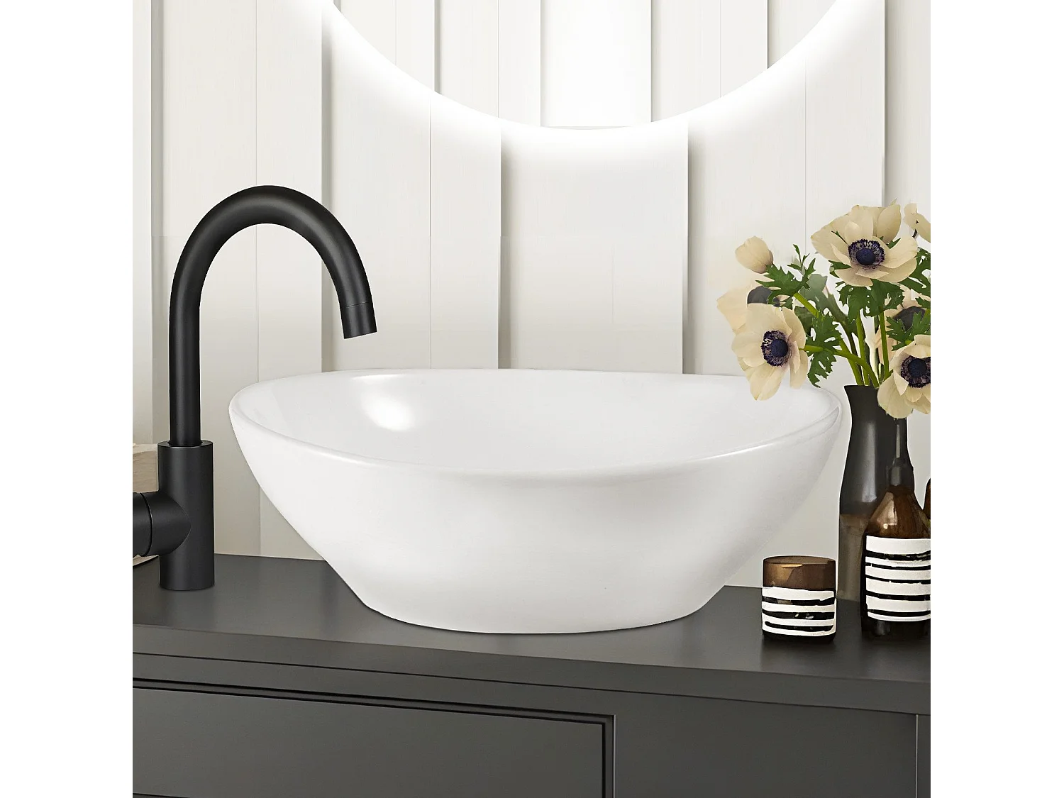 NETTLIFE vasque à poser, Lavabo de salle de bain ovale effet lotus, blanc 41 x 33cm