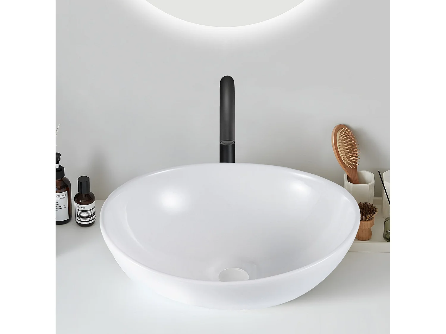 NETTLIFE vasque à poser, Lavabo de salle de bain ovale effet lotus, blanc 41 x 33cm