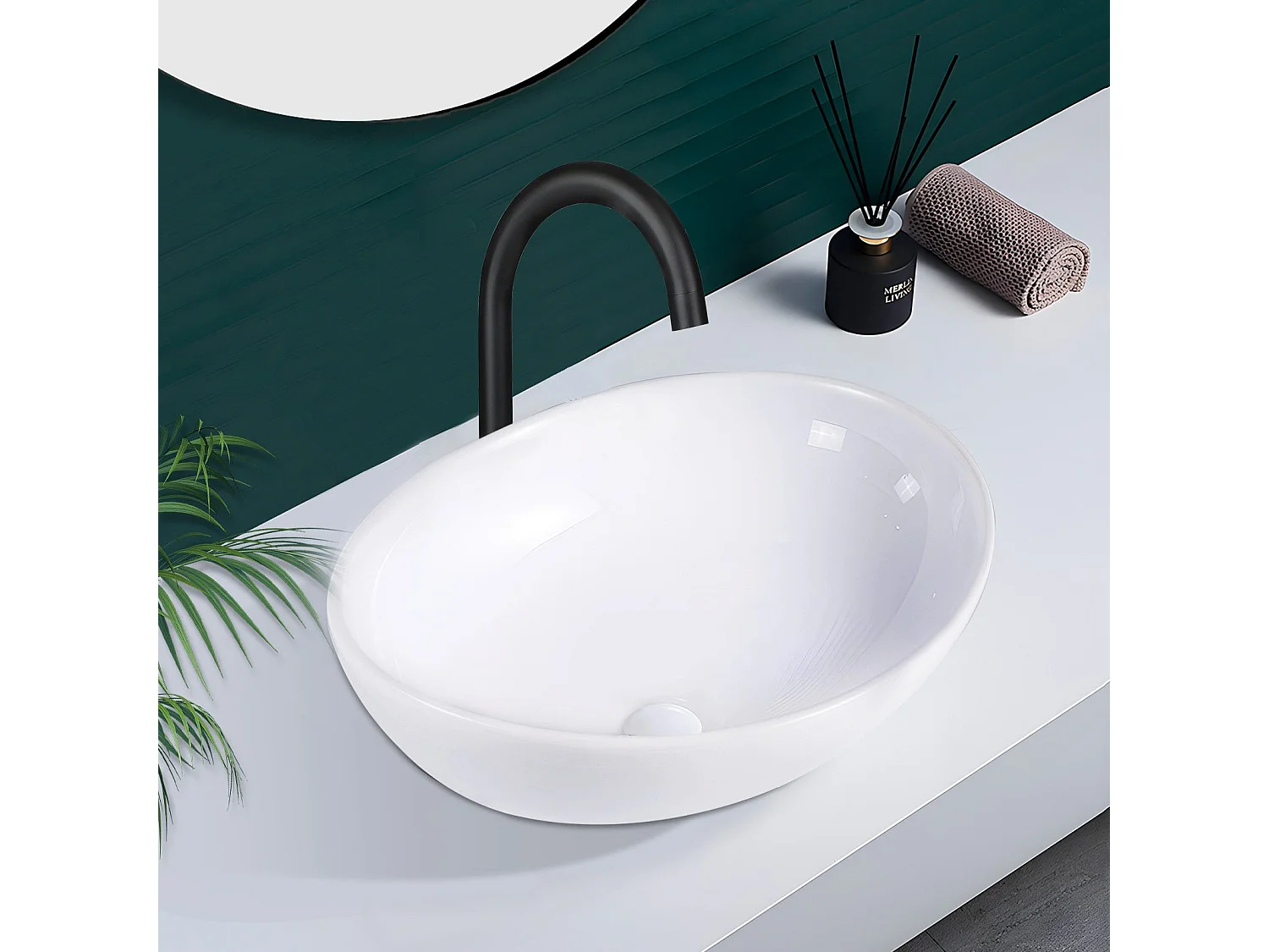 NETTLIFE vasque à poser, Lavabo de salle de bain ovale effet lotus, blanc 41 x 33cm
