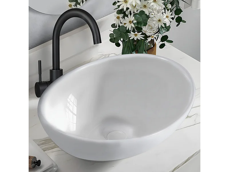 NETTLIFE Lavabo de baño sobre encimera ovalado con efecto loto blanco
