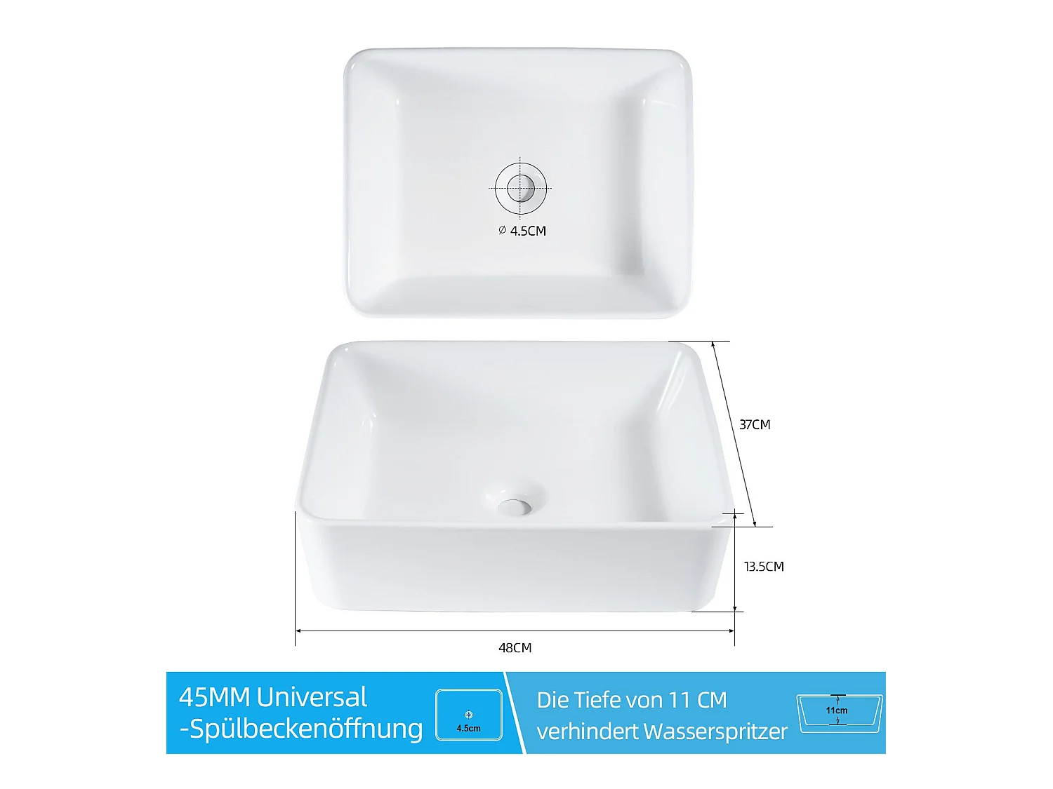 NETTLIFE vasque à poser, Lavabo de salle de bain carrée en céramique effet lotus 48 x 37cm