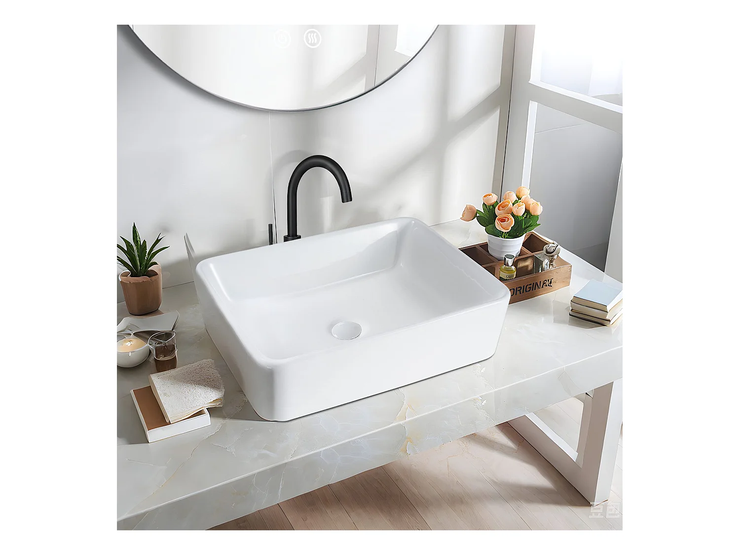 NETTLIFE vasque à poser, Lavabo de salle de bain carrée en céramique effet lotus 48 x 37cm