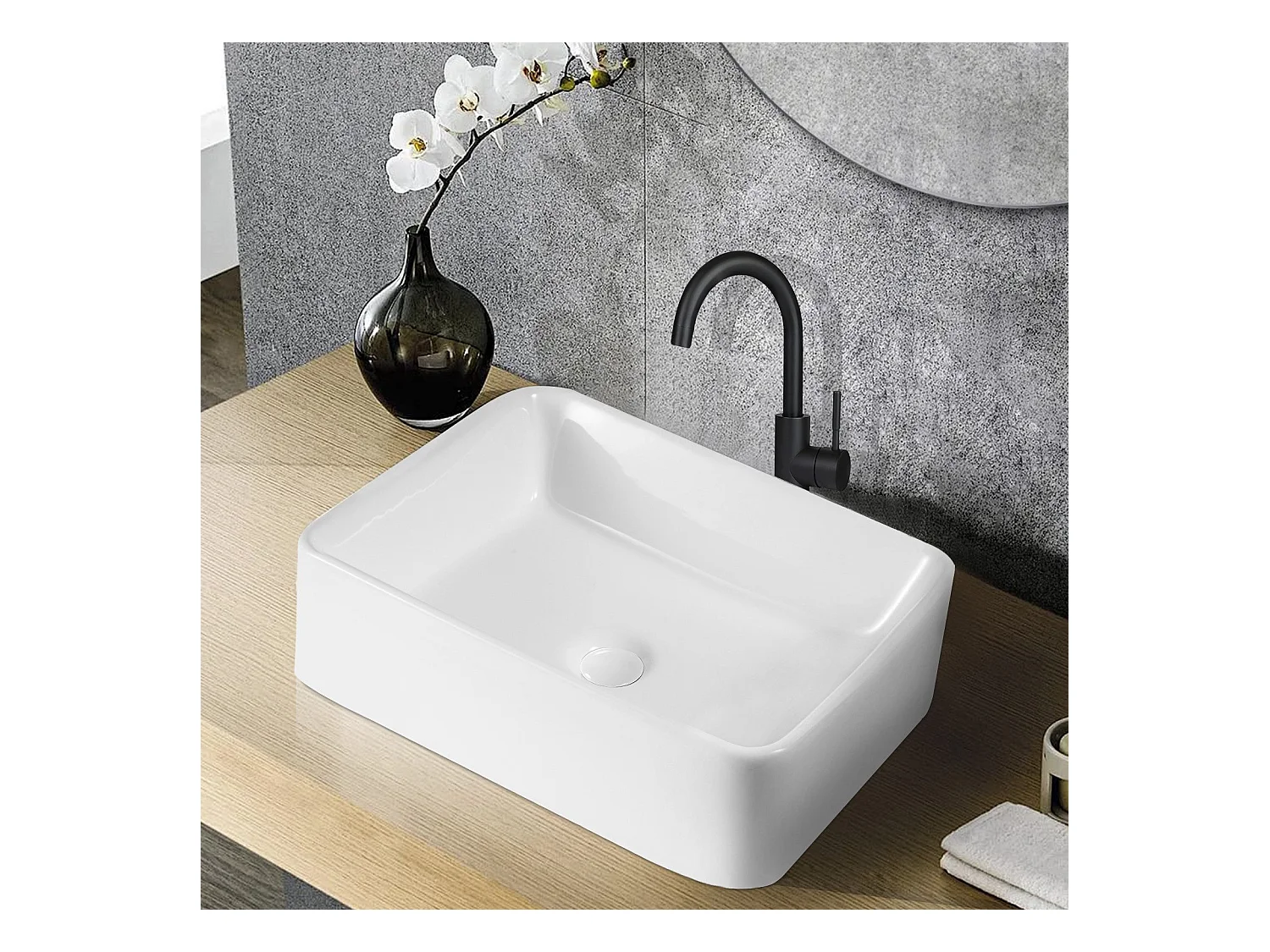 Umywalka łazienkowa NETTLIFE, kwadratowa ceramiczna umywalka nablatowa z efektem lotosu