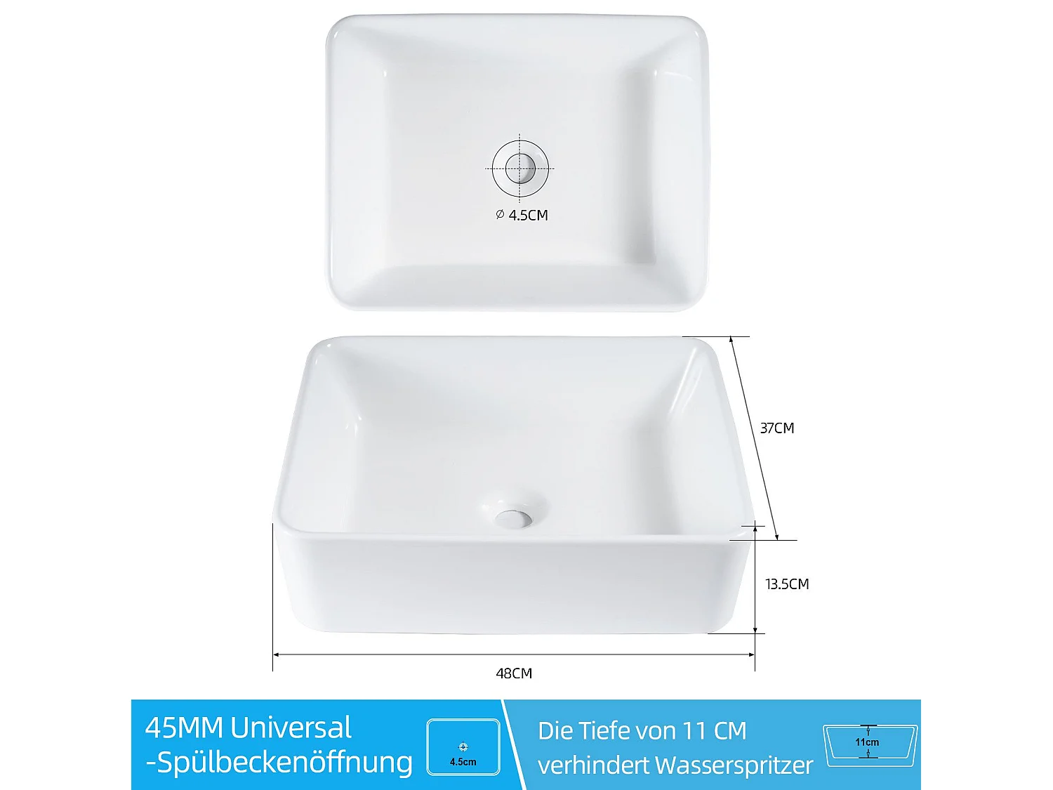 NETTLIFE vasque à poser, Lavabo de salle de bain carrée en céramique effet lotus 48 x 37cm