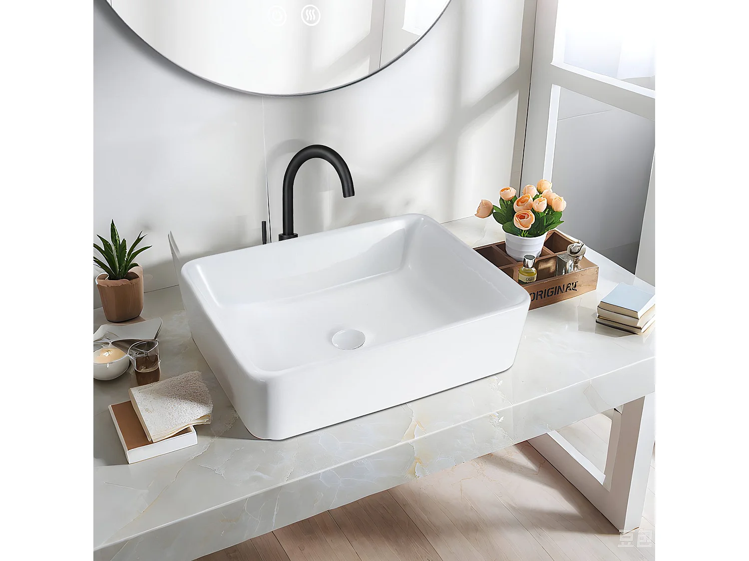 NETTLIFE vasque à poser, Lavabo de salle de bain carrée en céramique effet lotus 48 x 37cm