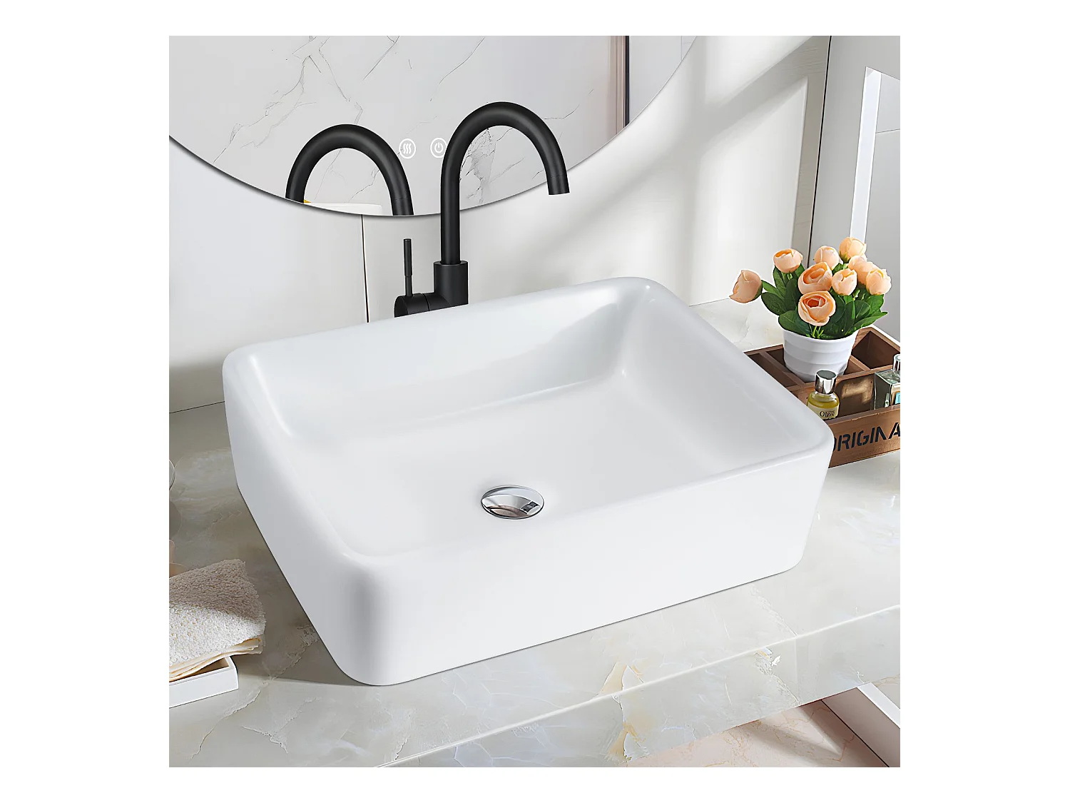 NETTLIFE vasque à poser, Lavabo de salle de bain céramique - vasque à poser carrée blanche 40 x 30cm