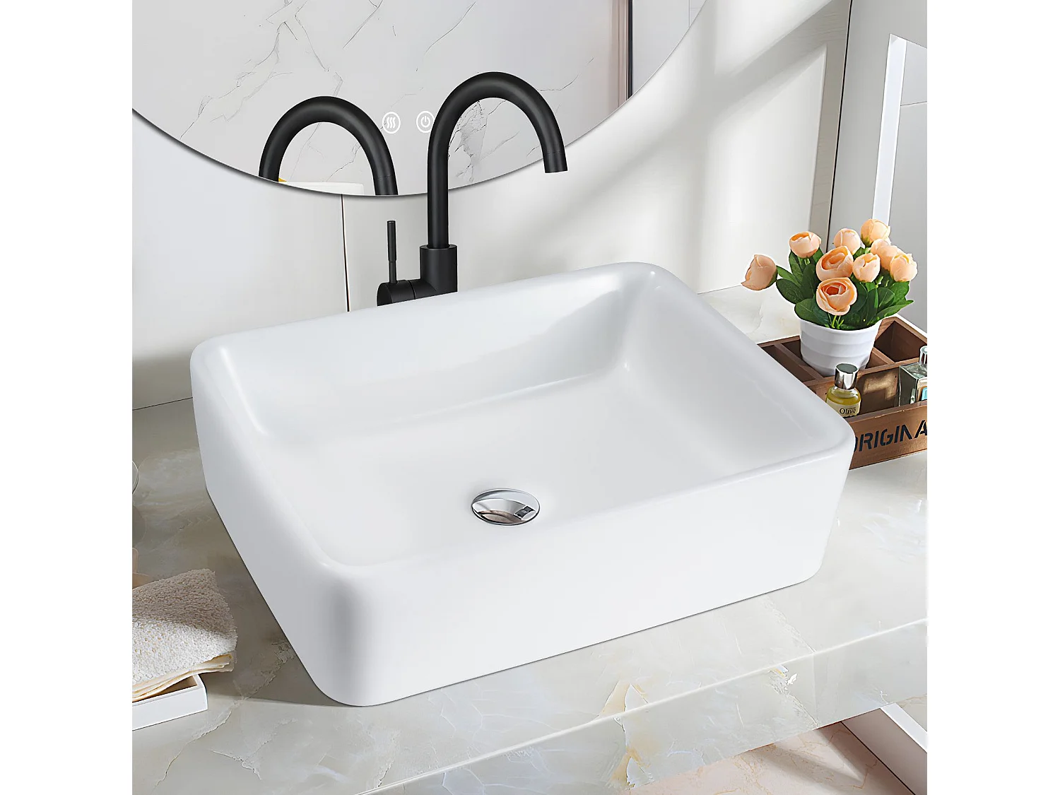 NETTLIFE vasque à poser, Lavabo de salle de bain céramique - vasque à poser carrée blanche 40 x 30cm