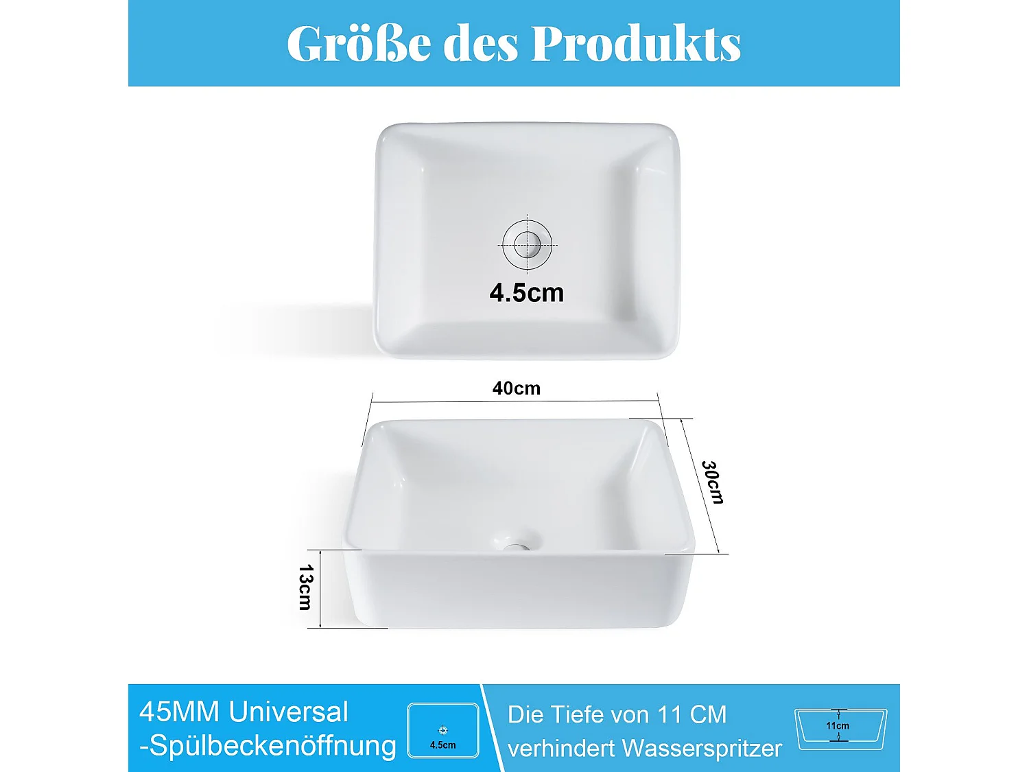 NETTLIFE vasque à poser, Lavabo de salle de bain céramique - vasque à poser carrée blanche 40 x 30cm