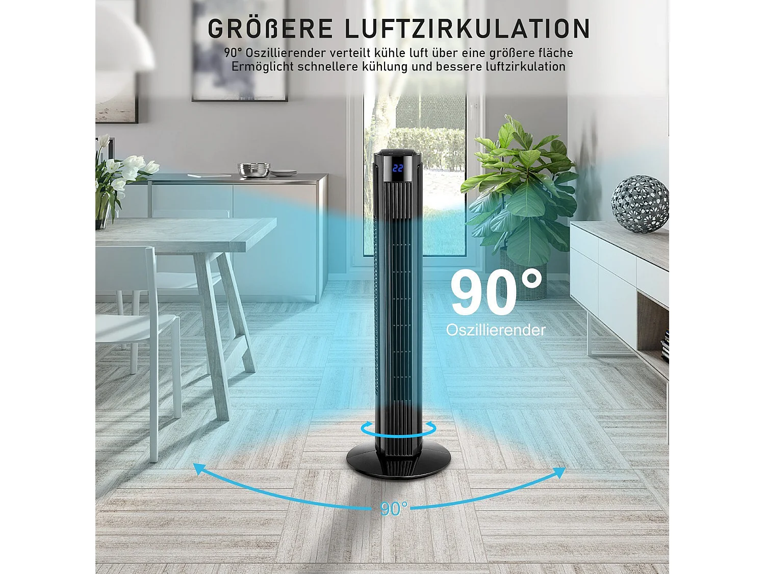 NETTLIFE Zwarte, stille 90° oscillerende torenventilator voor slaapkamer met afstandsbediening