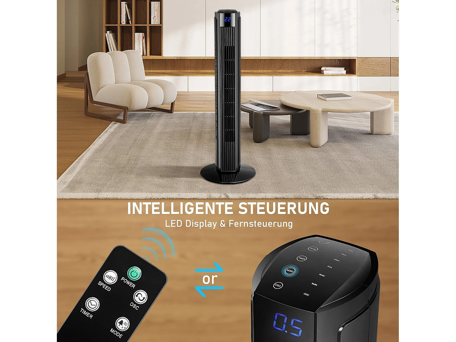 NETTLIFE Zwarte, stille 90° oscillerende torenventilator voor slaapkamer met afstandsbediening