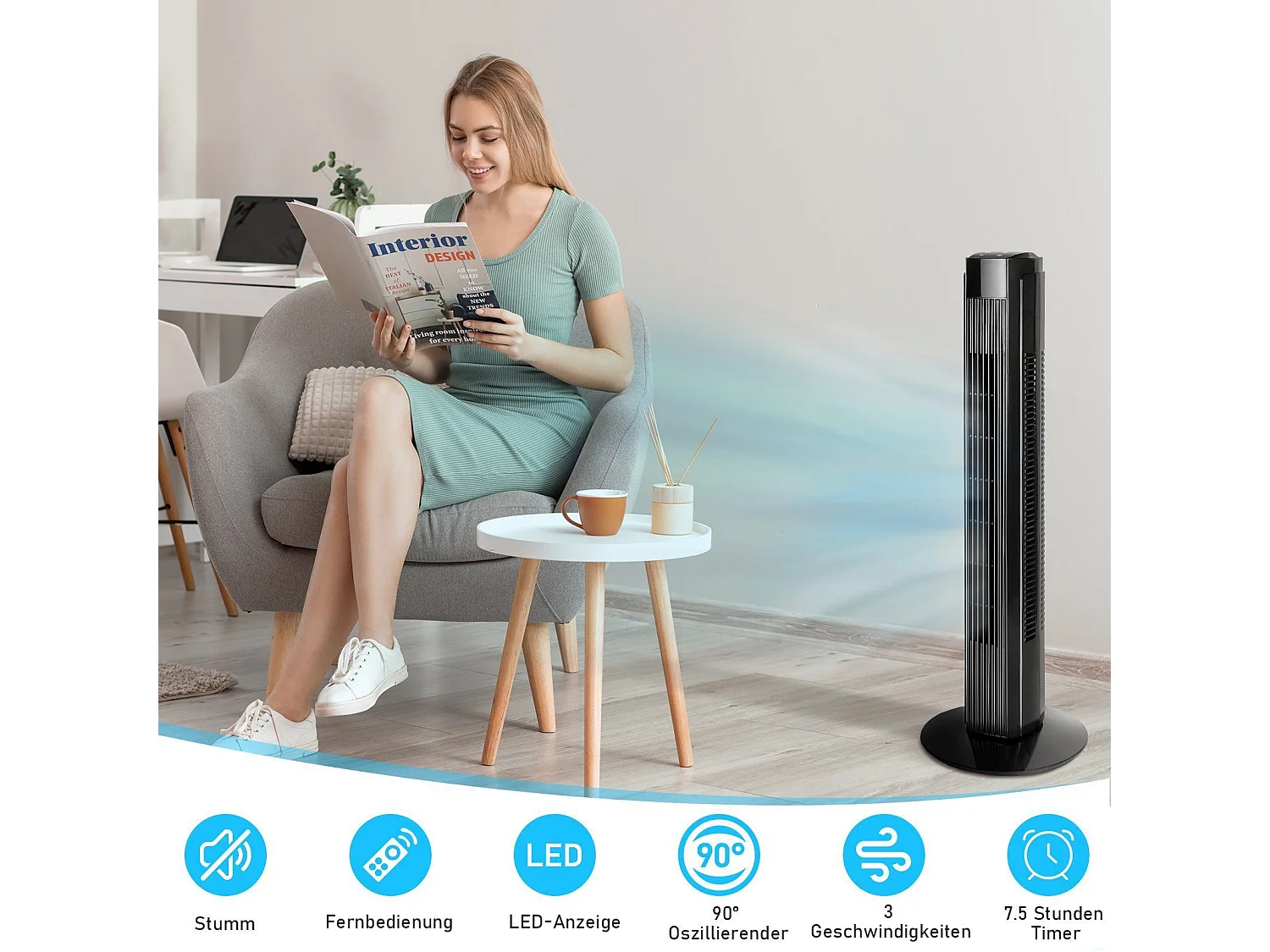 NETTLIFE Zwarte, stille 90° oscillerende torenventilator voor slaapkamer met afstandsbediening