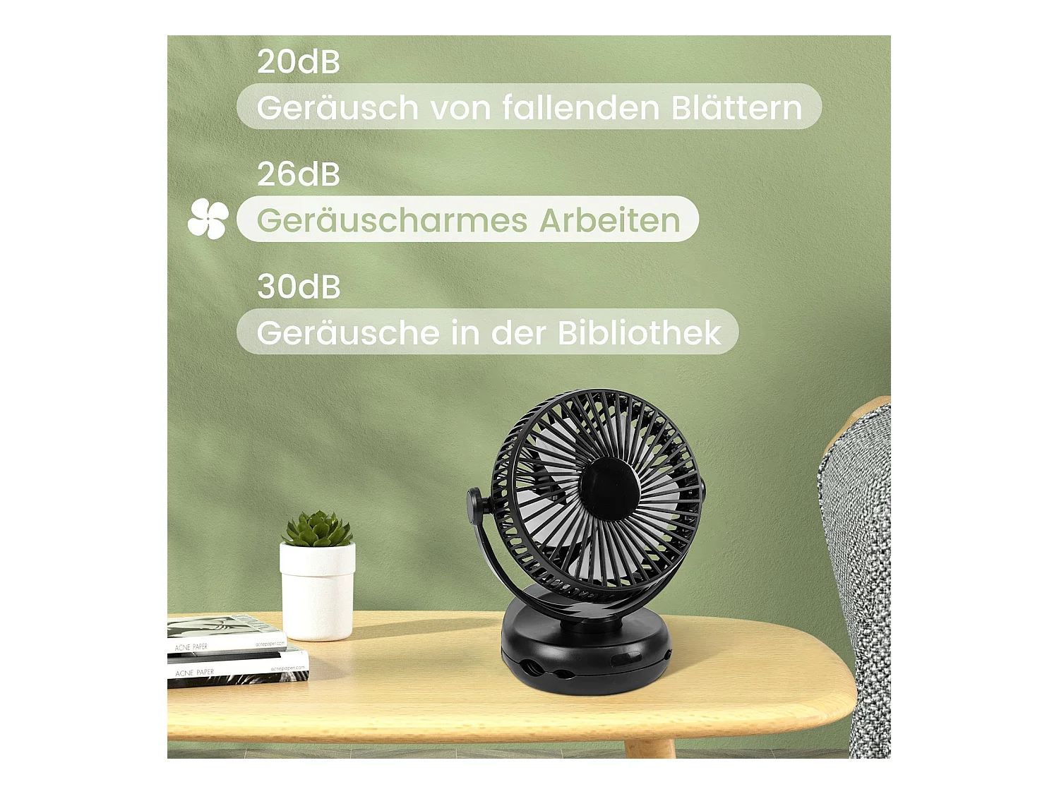 NETTLIFE Mały wentylator stołowy USB z baterią 10 000 mAh, cichy, 4 prędkości, w tym światło LED, model 3 w 1, czarny, idealny do namiotu