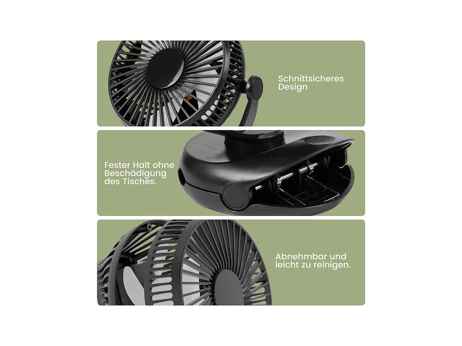 NETTLIFE Mały wentylator stołowy USB z baterią 10 000 mAh, cichy, 4 prędkości, w tym światło LED, model 3 w 1, czarny, idealny do namiotu