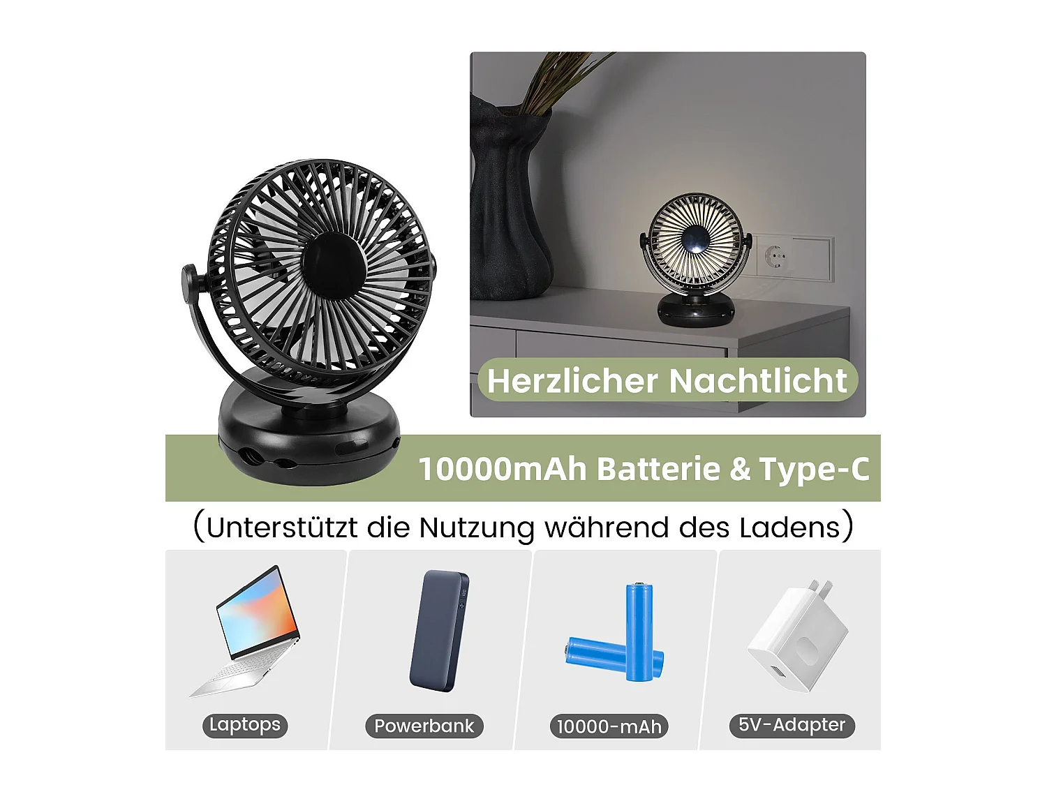 NETTLIFE Mały wentylator stołowy USB z baterią 10 000 mAh, cichy, 4 prędkości, w tym światło LED, model 3 w 1, czarny, idealny do namiotu