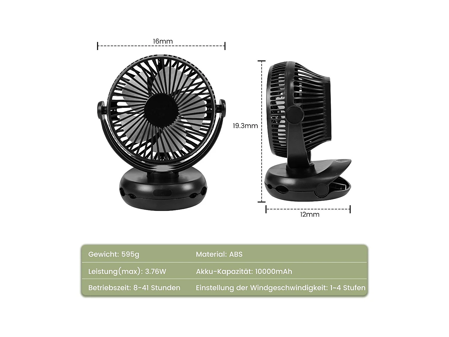 NETTLIFE Mały wentylator stołowy USB z baterią 10 000 mAh, cichy, 4 prędkości, w tym światło LED, model 3 w 1, czarny, idealny do namiotu