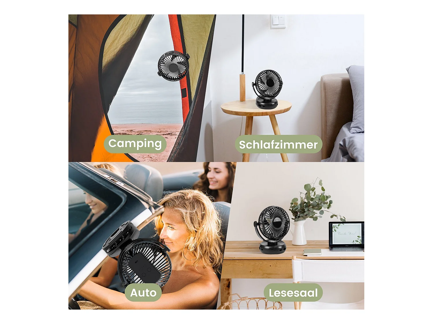 NETTLIFE Mały wentylator stołowy USB z baterią 10 000 mAh, cichy, 4 prędkości, w tym światło LED, model 3 w 1, czarny, idealny do namiotu