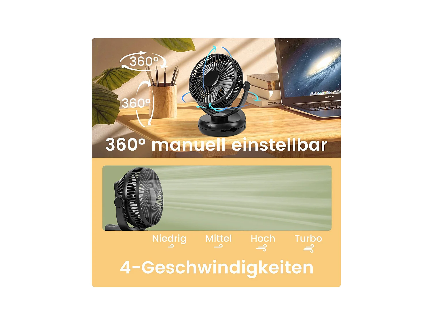 NETTLIFE Mały wentylator stołowy USB z baterią 10 000 mAh, cichy, 4 prędkości, w tym światło LED, model 3 w 1, czarny, idealny do namiotu