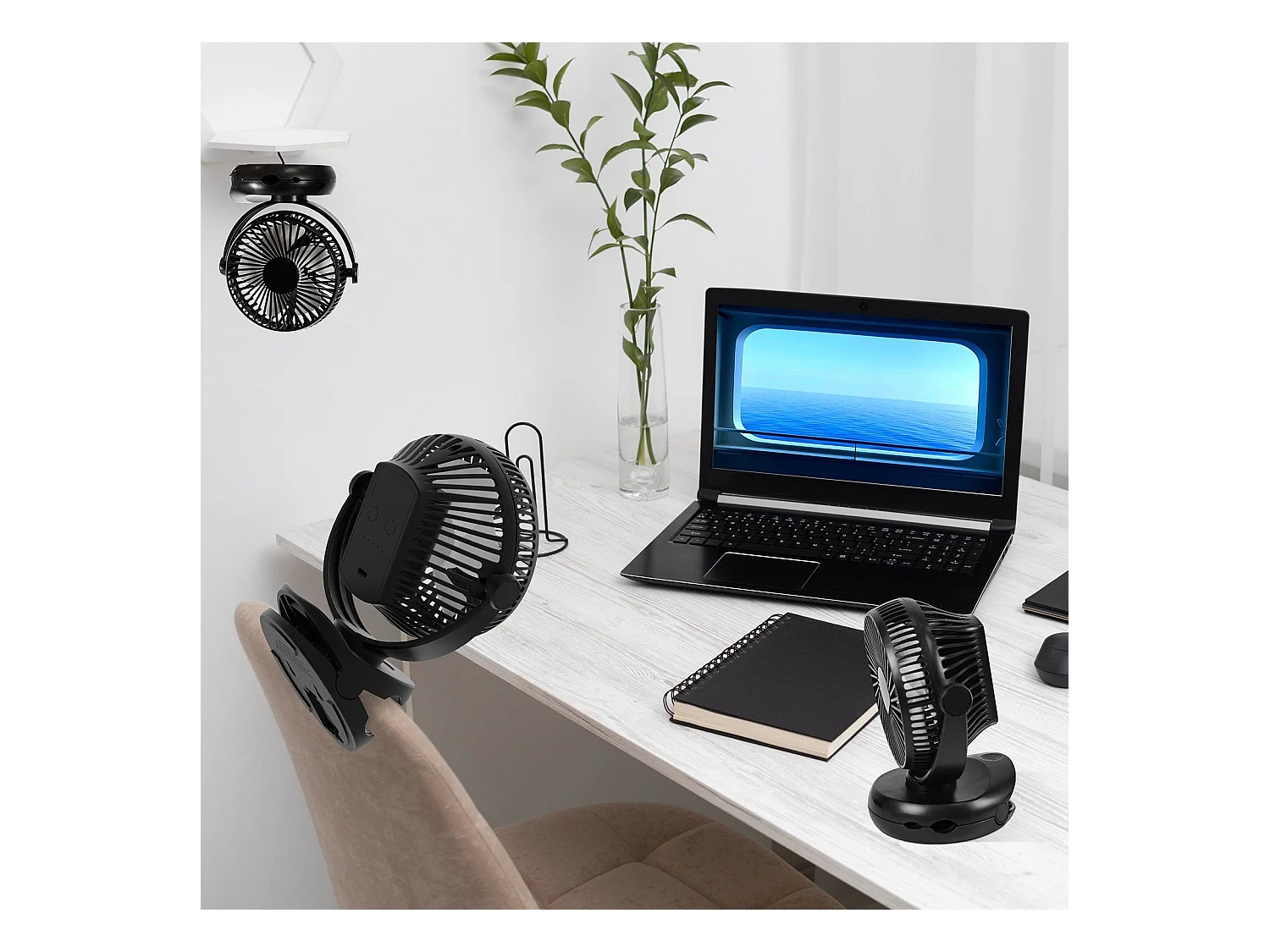 NETTLIFE Mały wentylator stołowy USB z baterią 10 000 mAh, cichy, 4 prędkości, w tym światło LED, model 3 w 1, czarny, idealny do namiotu