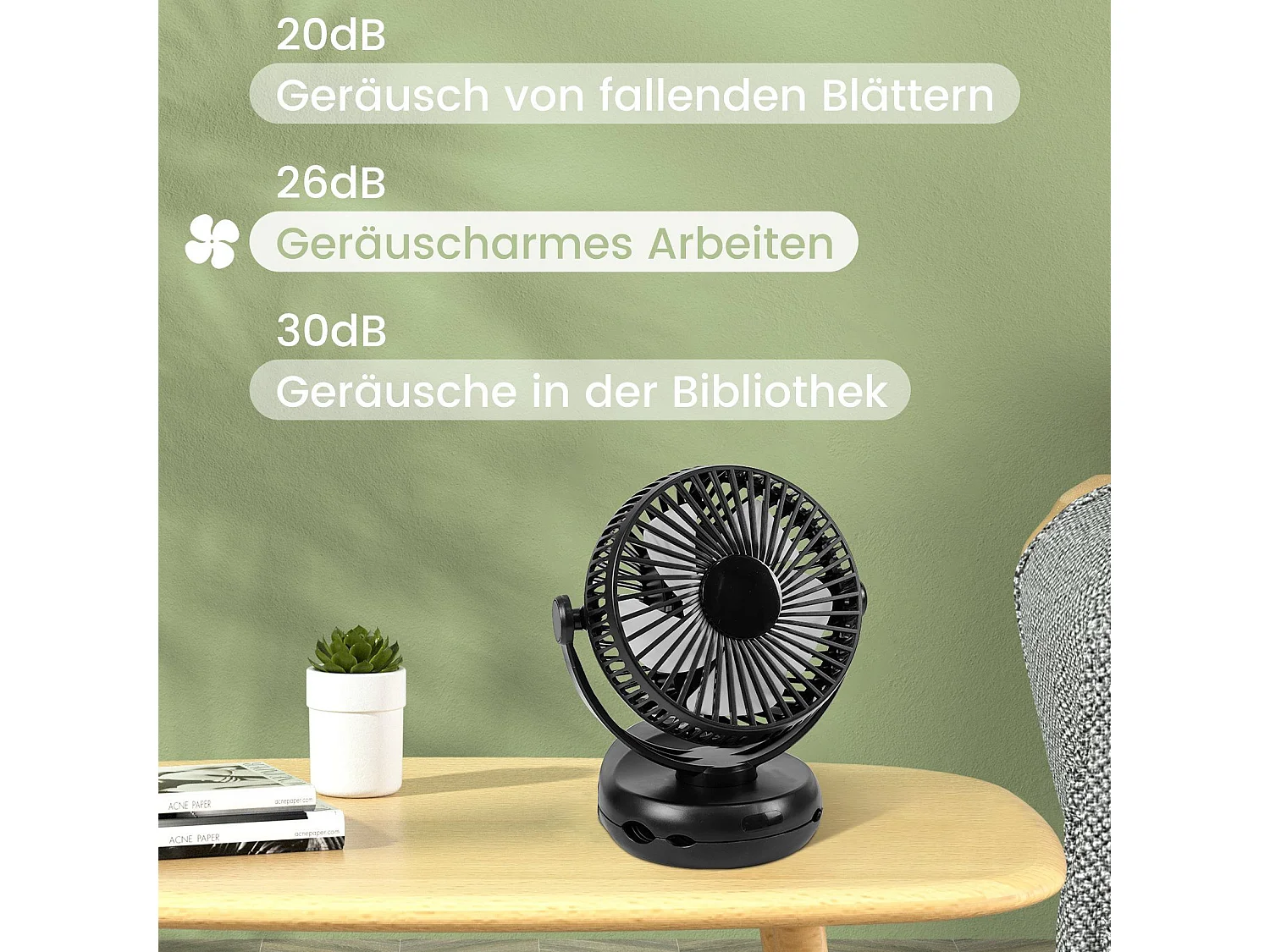 NETTLIFE ventilateur Petit de table USB avec batterie 10 000 mAh silencieux à 4 vitesses incluant une lumière LED modèle 3-en-1 noir idéal pour tente