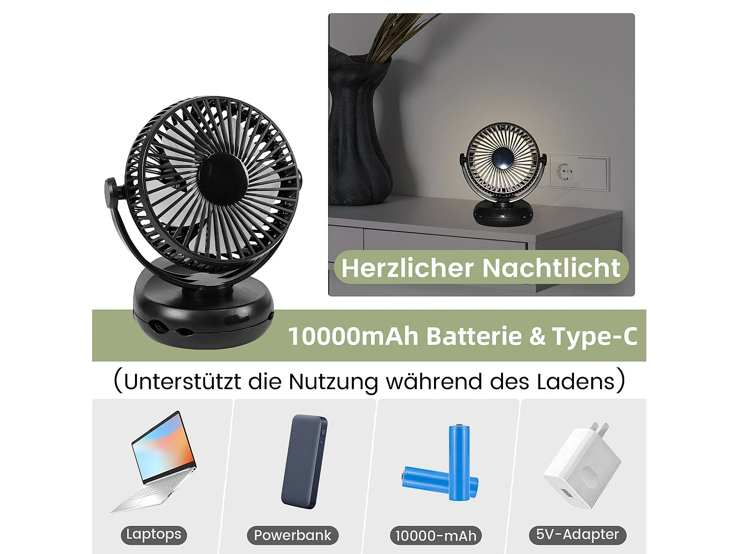 NETTLIFE ventilateur Petit de table USB avec batterie 10 000 mAh silencieux à 4 vitesses incluant une lumière LED modèle 3-en-1 noir idéal pour tente
