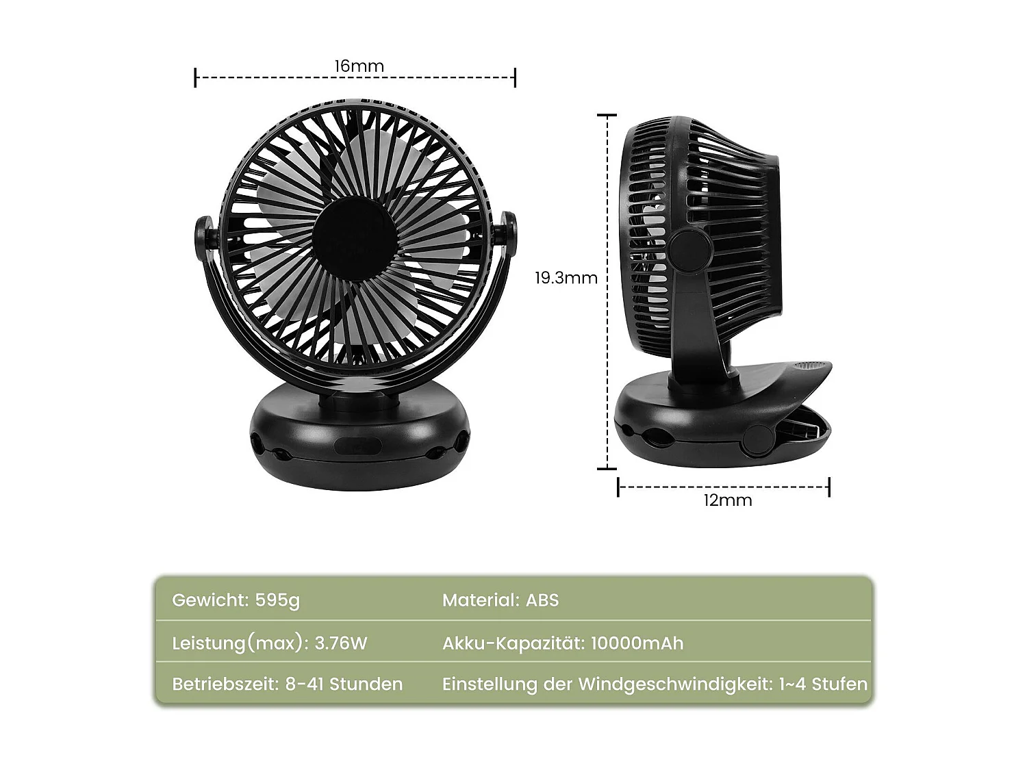 NETTLIFE ventilateur Petit de table USB avec batterie 10 000 mAh silencieux à 4 vitesses incluant une lumière LED modèle 3-en-1 noir idéal pour tente